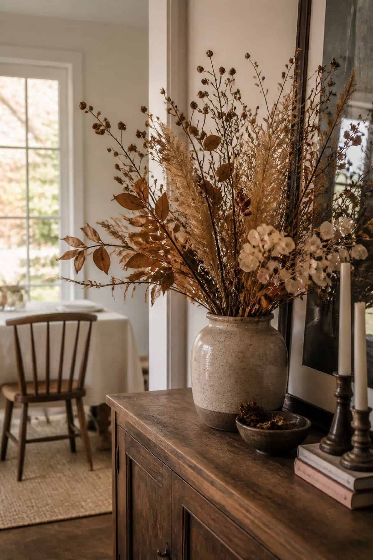 Dried Stems in a Vase shown as a realistic Pretty Wild World image for 20 Thanksgiving Decor Ideas for a Warm Welcoming Home.