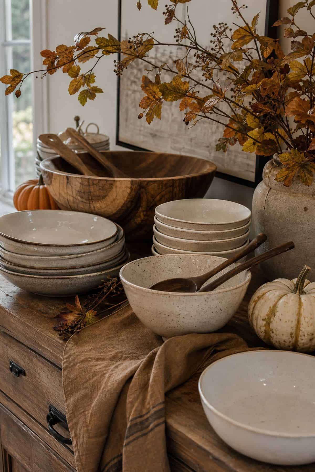 Serving Bowl Display shown as a realistic Pretty Wild World image for 20 Thanksgiving Decor Ideas for a Warm Welcoming Home.