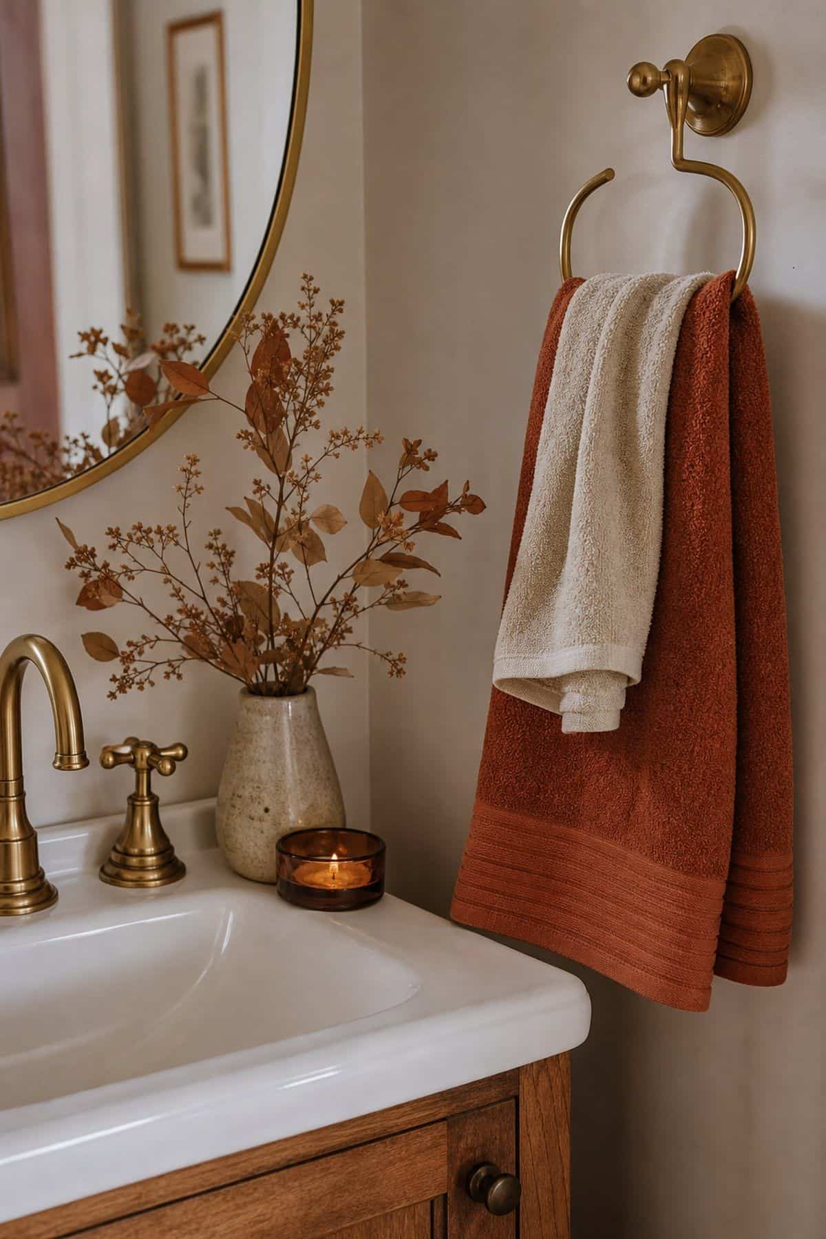 Guest Bathroom Towel Swap shown as a realistic Pretty Wild World image for 20 Thanksgiving Decor Ideas for a Warm Welcoming Home.