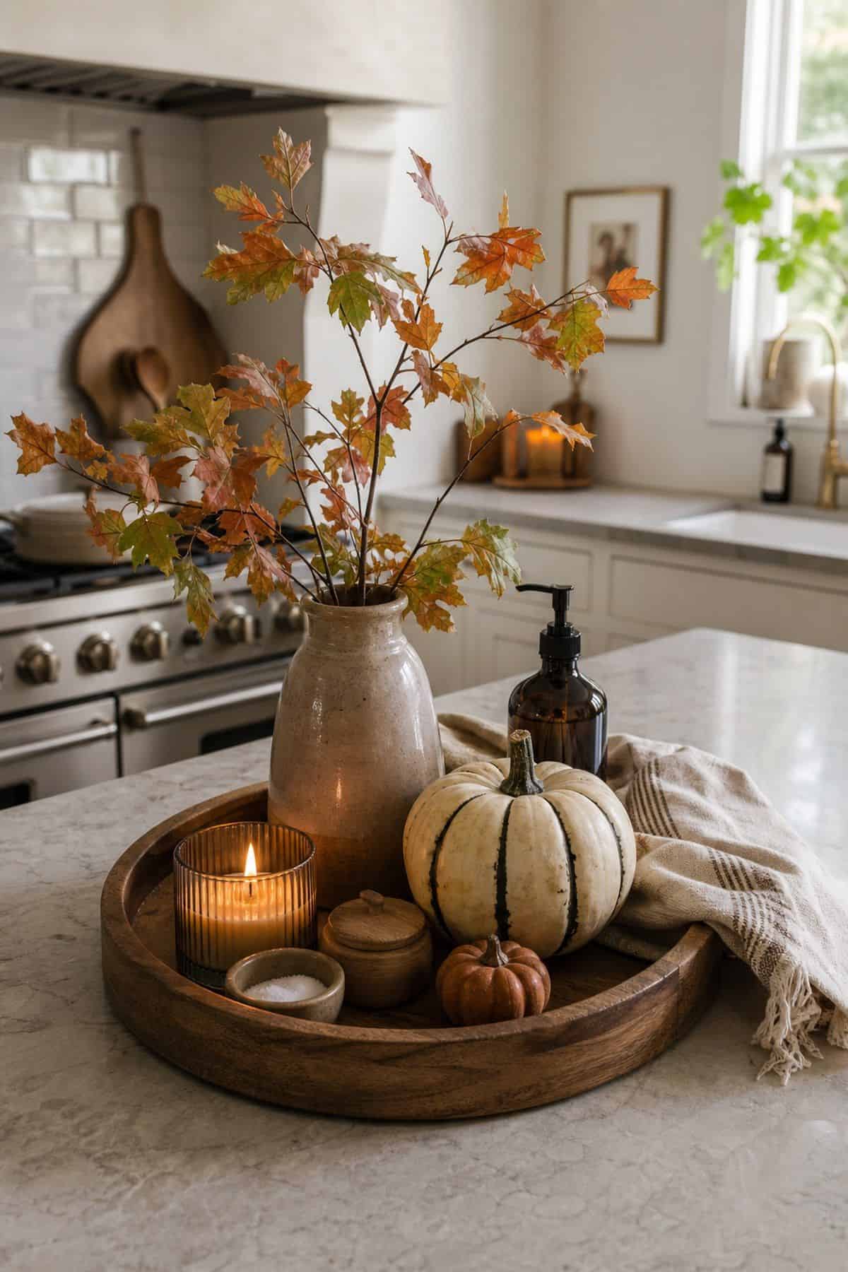 Kitchen Island Tray shown as a realistic Pretty Wild World image for 20 Thanksgiving Decor Ideas for a Warm Welcoming Home.