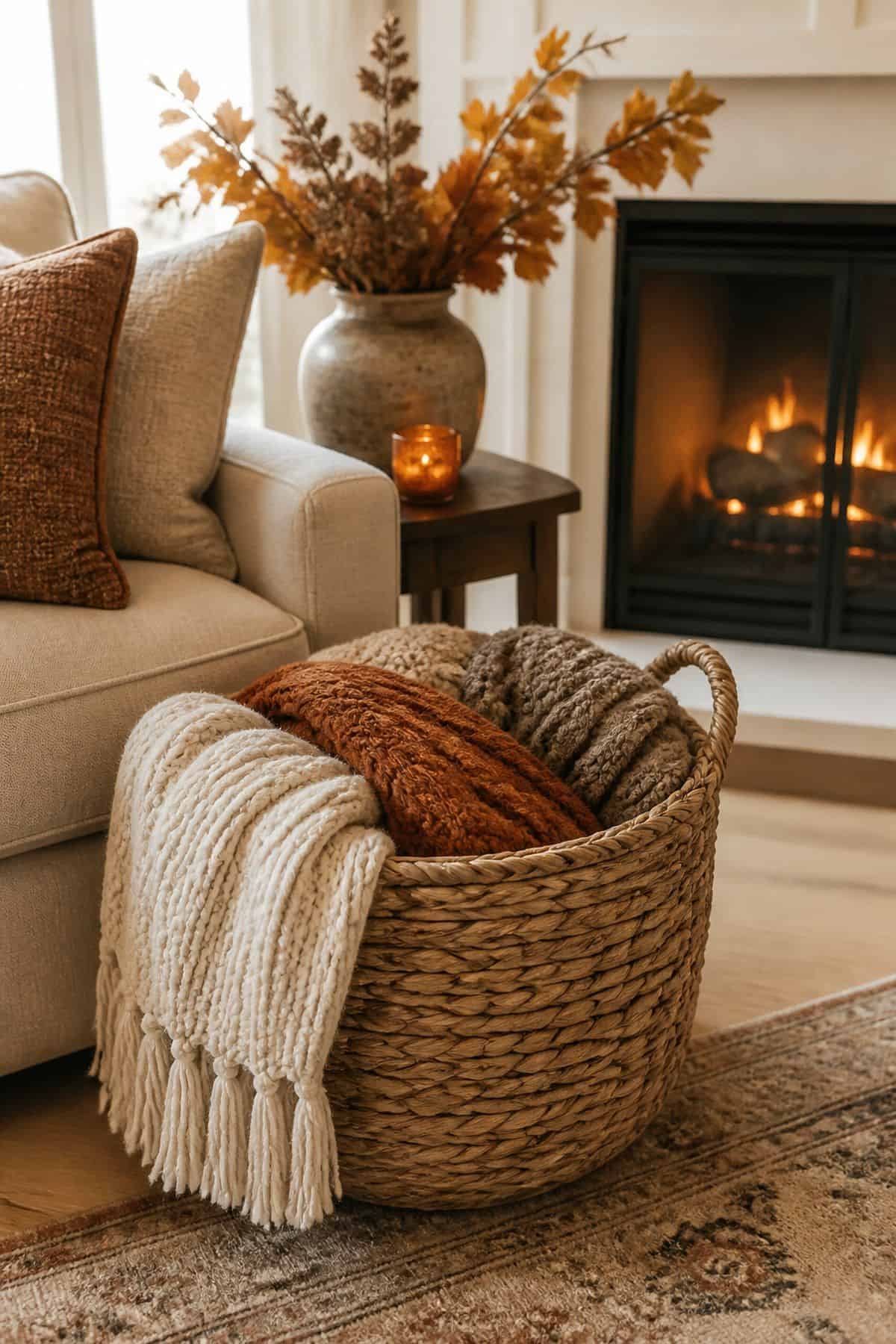 Living Room Throw Basket shown as a realistic Pretty Wild World image for 20 Thanksgiving Decor Ideas for a Warm Welcoming Home.