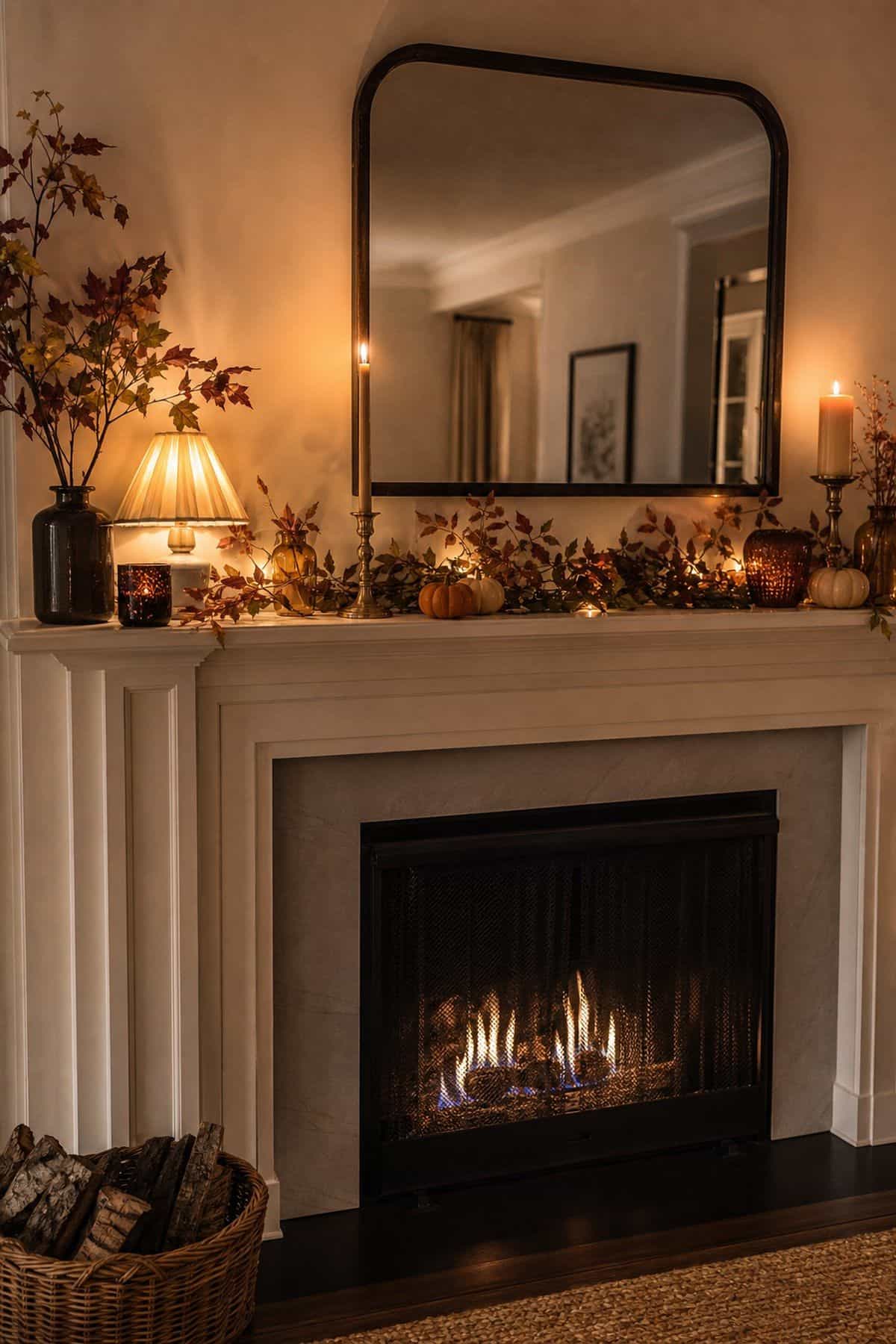 Mantel With Warm Light shown as a realistic Pretty Wild World image for 20 Thanksgiving Decor Ideas for a Warm Welcoming Home.