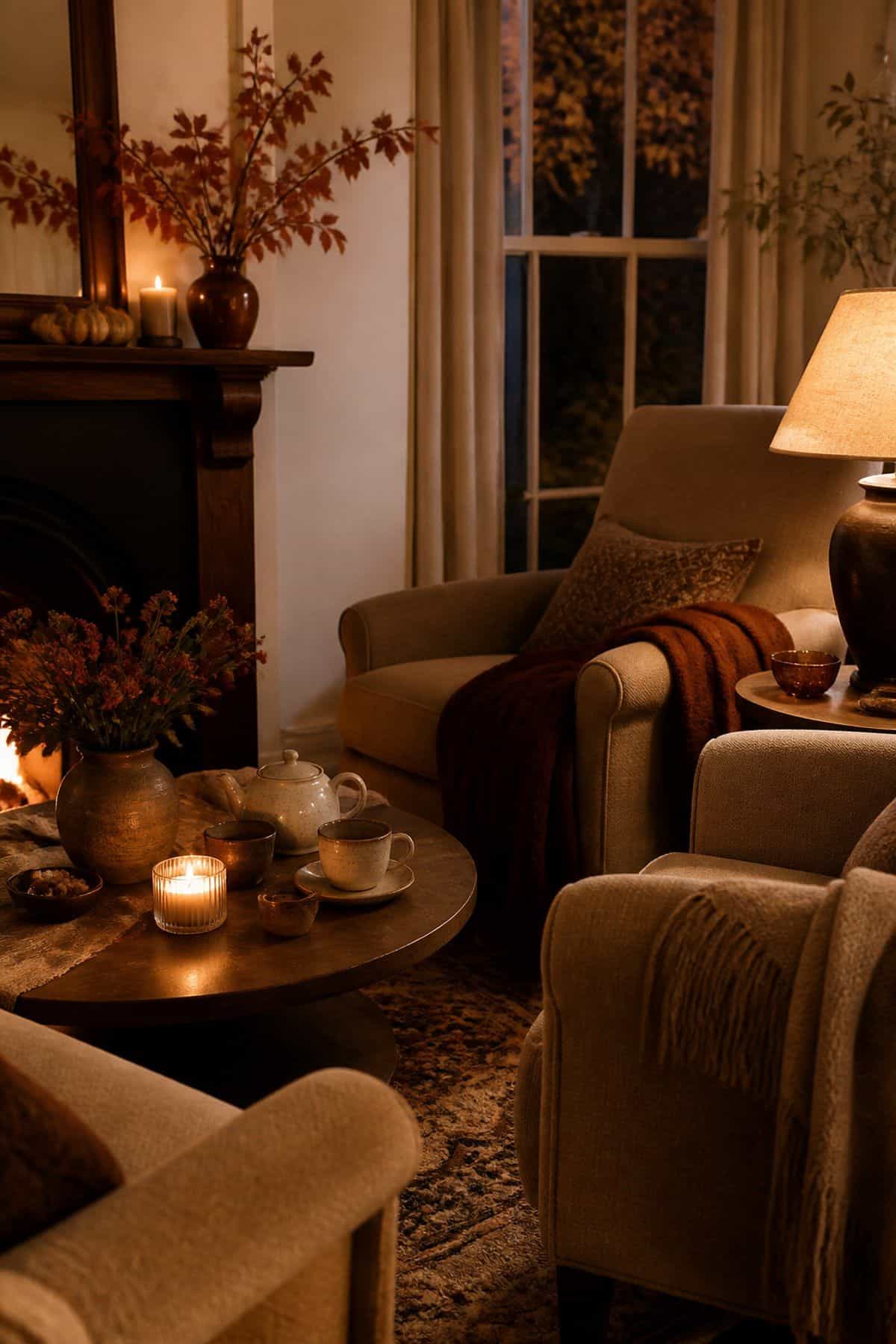 After-Dinner Seating shown as a realistic Pretty Wild World image for 20 Thanksgiving Decor Ideas for a Warm Welcoming Home.