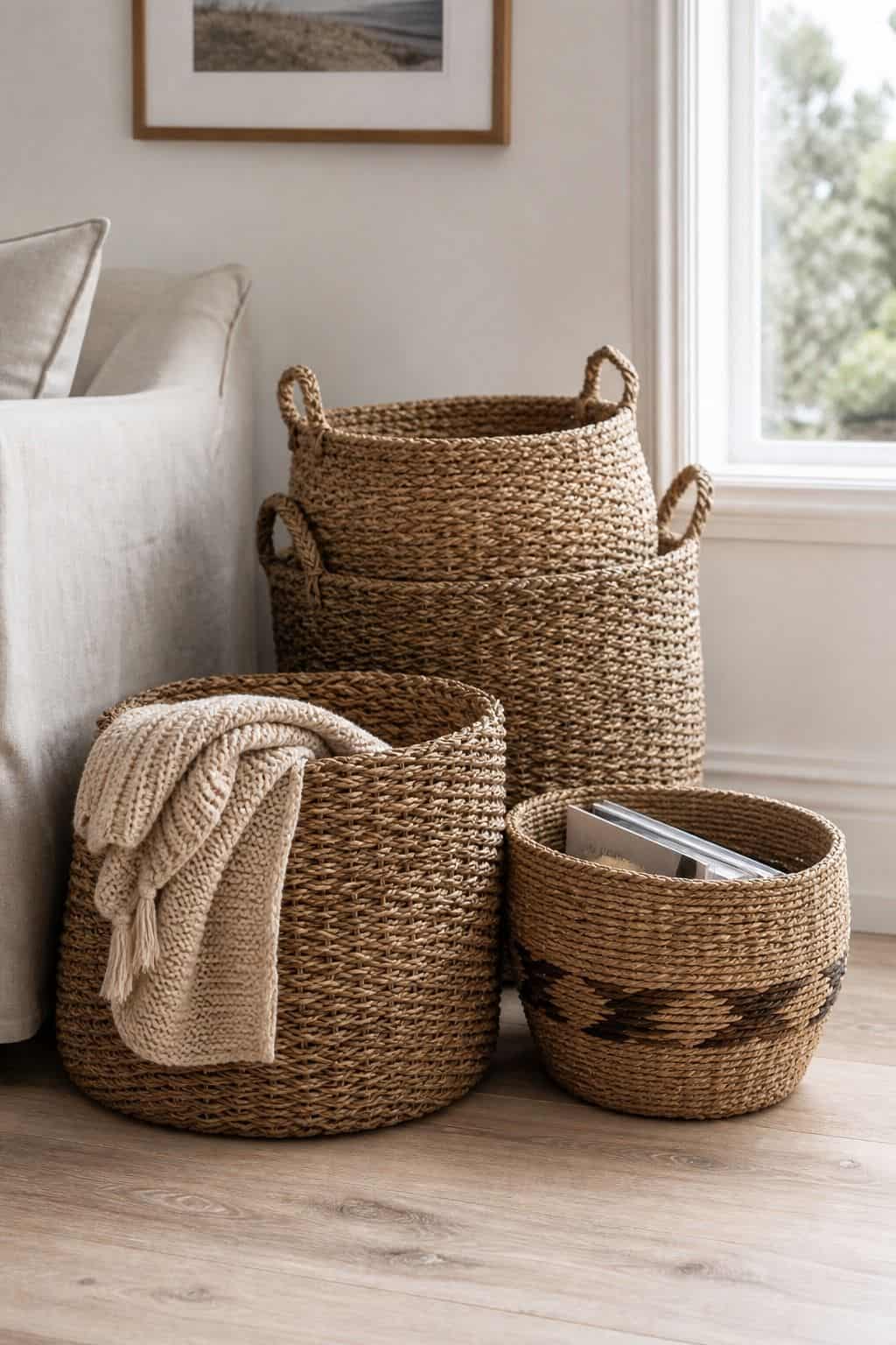 Seagrass Storage Baskets shown as a realistic Pretty Wild World image for 19 Coastal Home Decor Ideas for a Breezy Natural Space.
