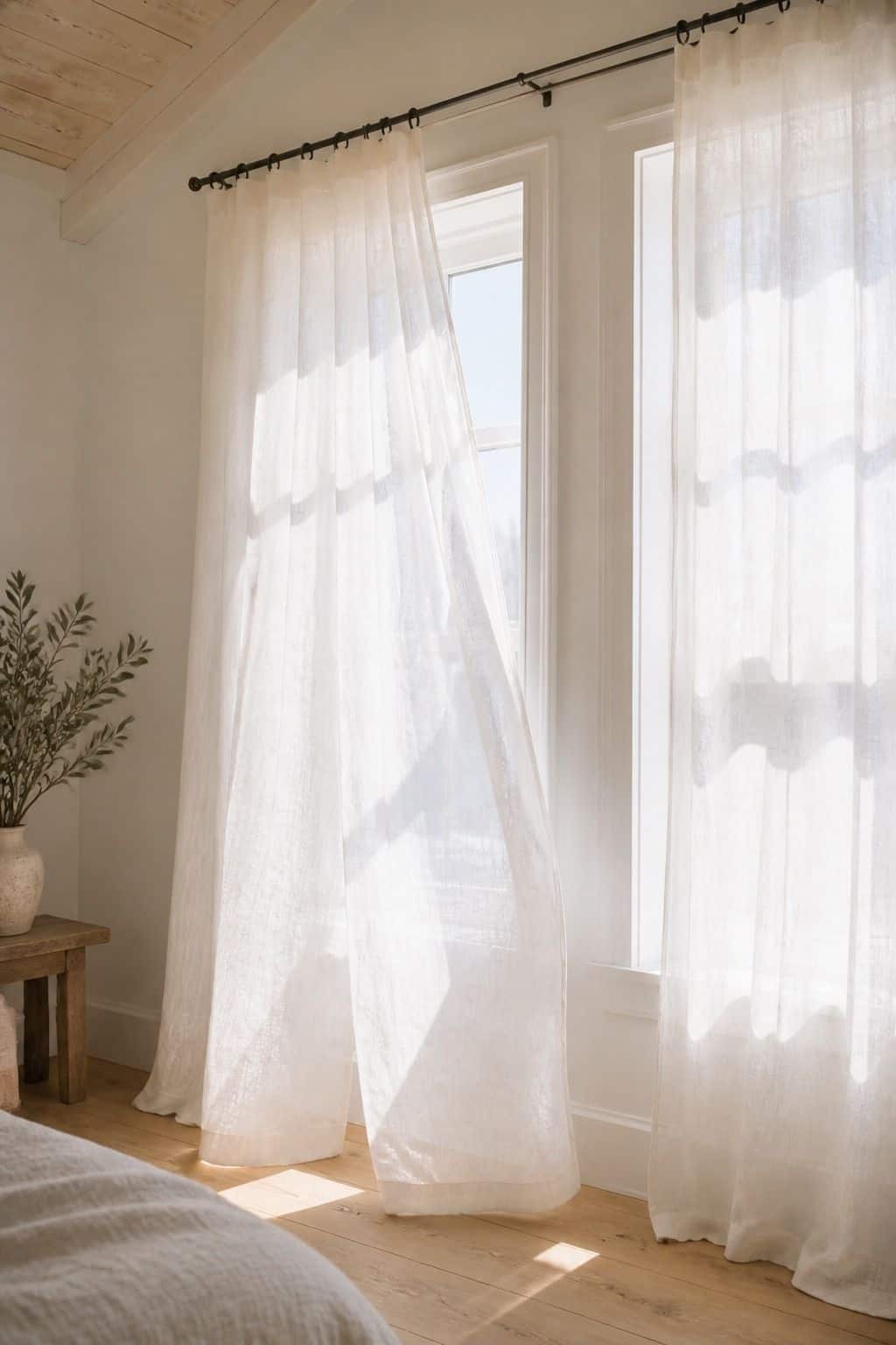 White Linen Curtains shown as a realistic Pretty Wild World image for 19 Coastal Home Decor Ideas for a Breezy Natural Space.