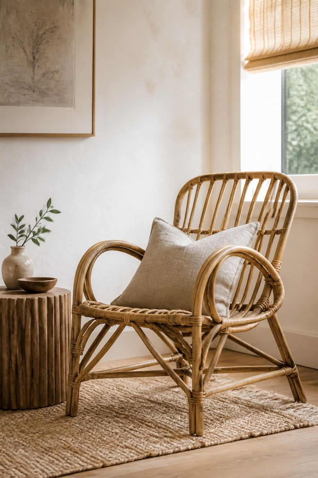 Rattan Accent Chair shown as a realistic Pretty Wild World image for 19 Coastal Home Decor Ideas for a Breezy Natural Space.