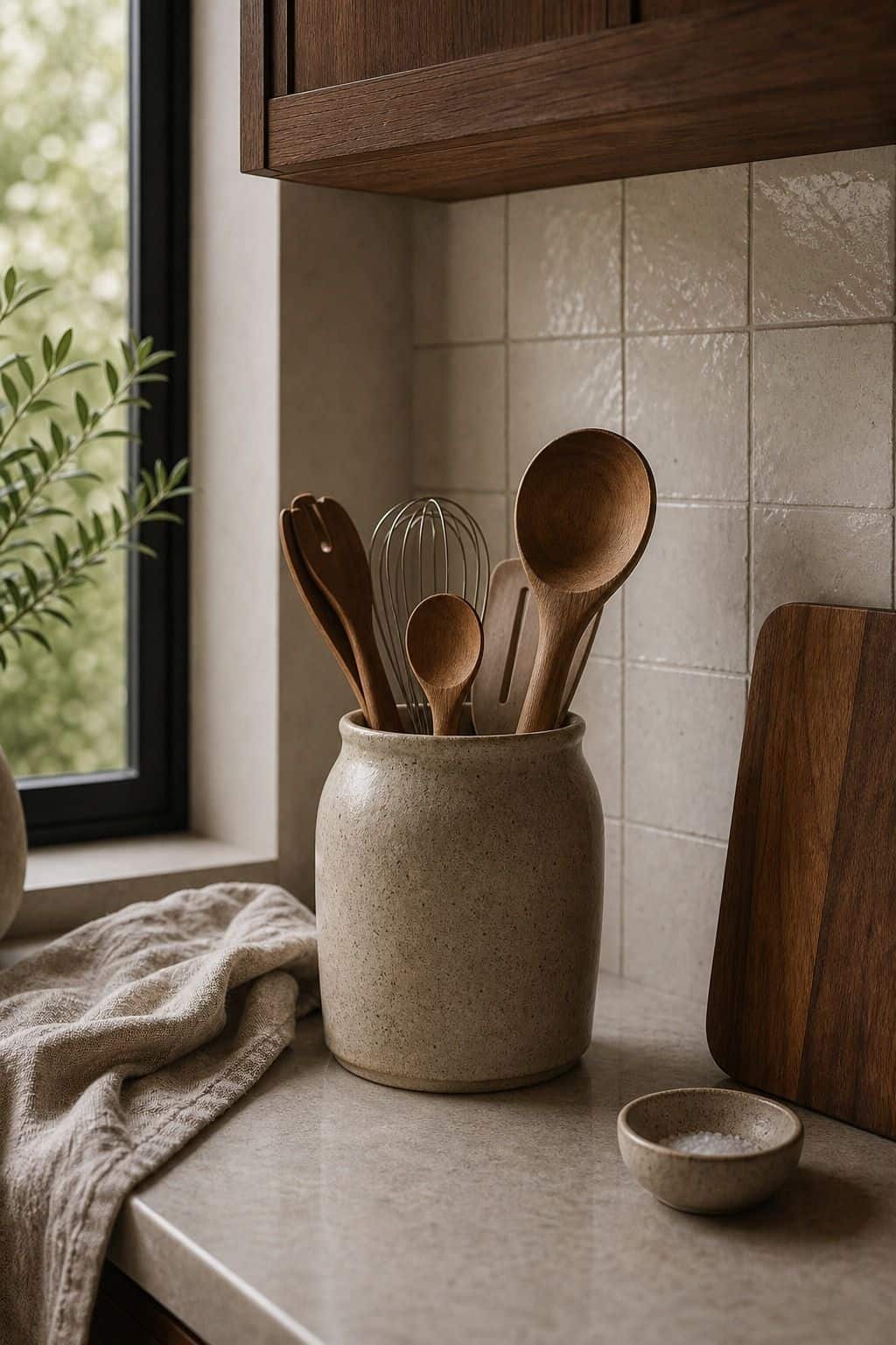 Zen kitchen decor idea with stoneware utensil crock in a calm natural kitchen.