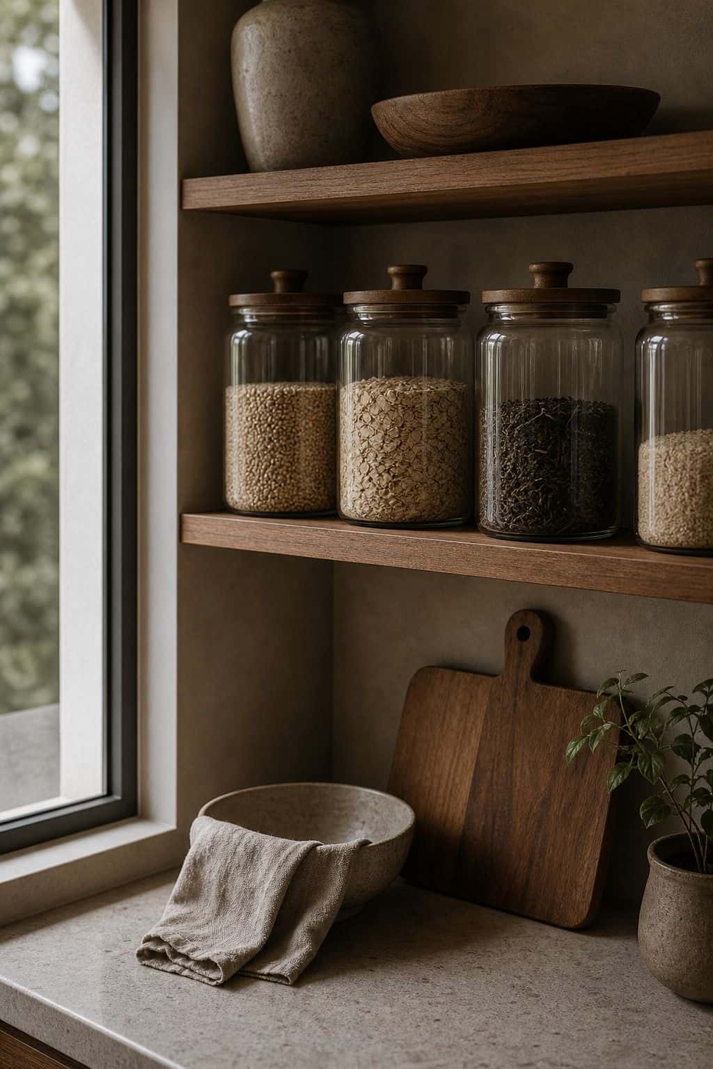 Zen kitchen decor idea with glass pantry jars in a calm natural kitchen.