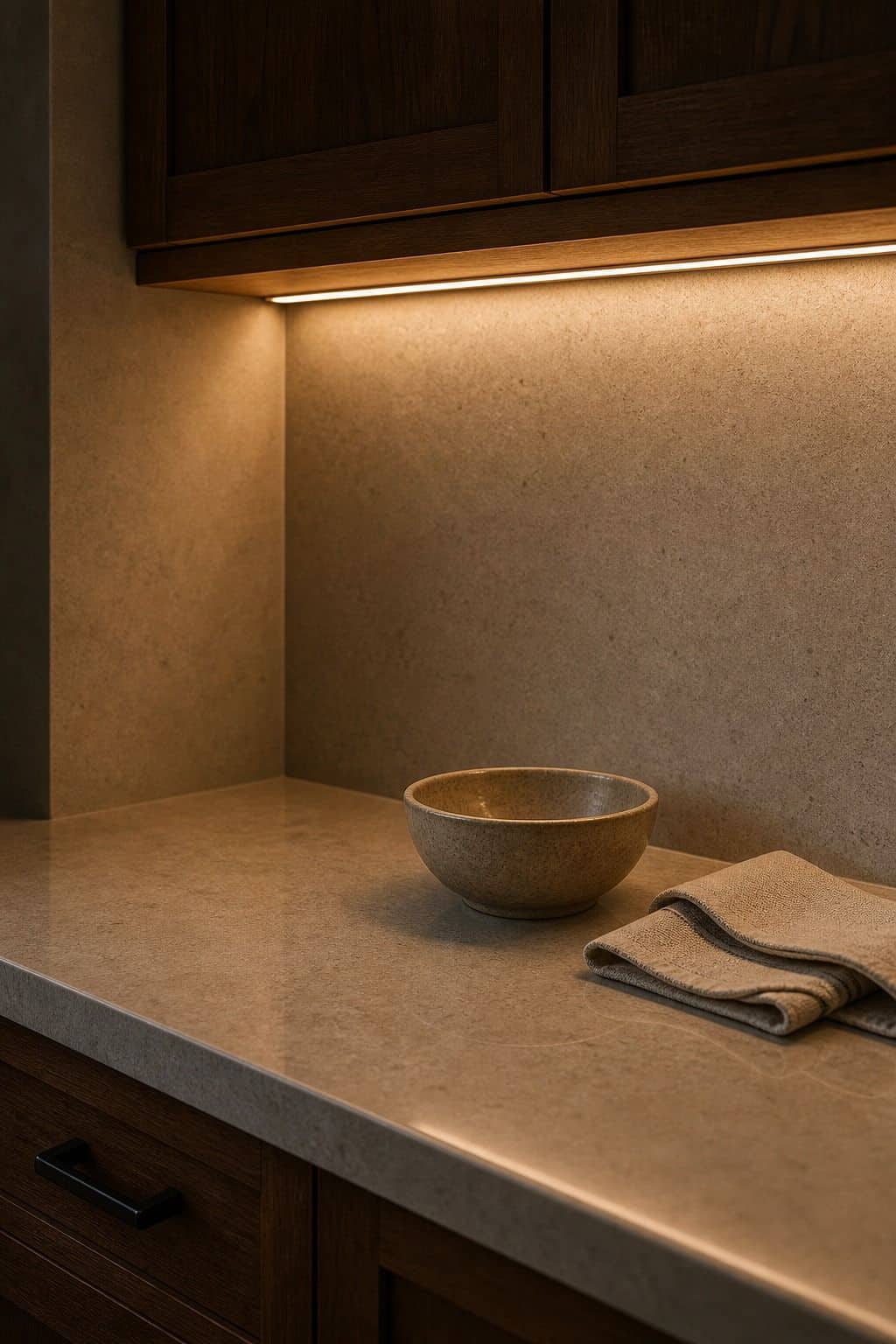 Zen kitchen decor idea with warm under-cabinet light in a calm natural kitchen.