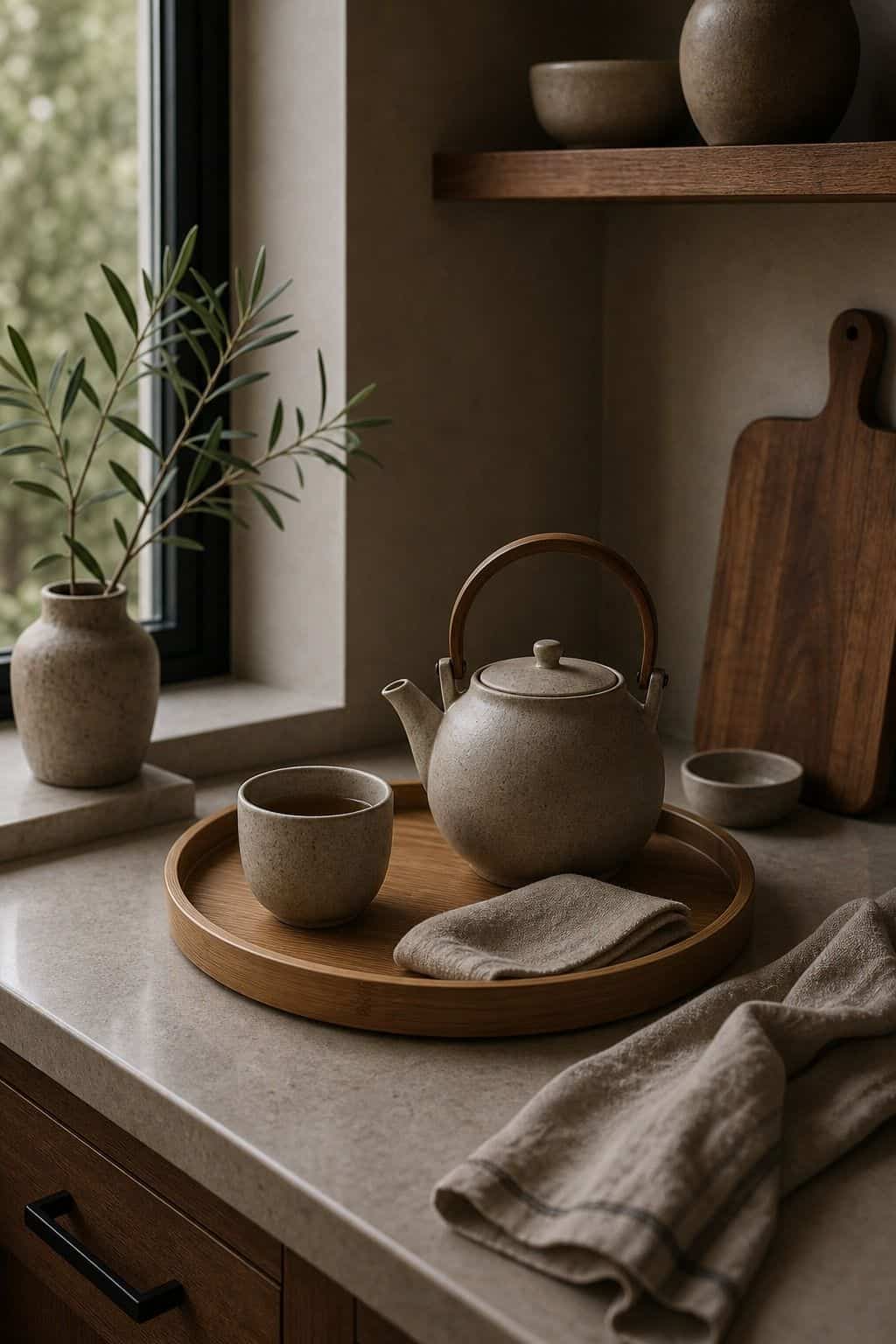 Zen kitchen decor idea with quiet tea corner in a calm natural kitchen.