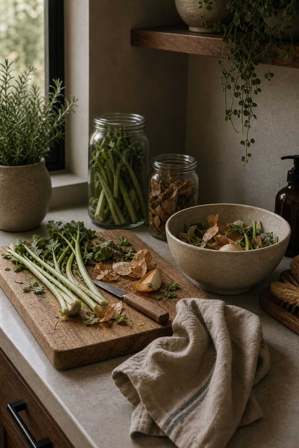 Zen kitchen decor idea with waste-free prep station in a calm natural kitchen.