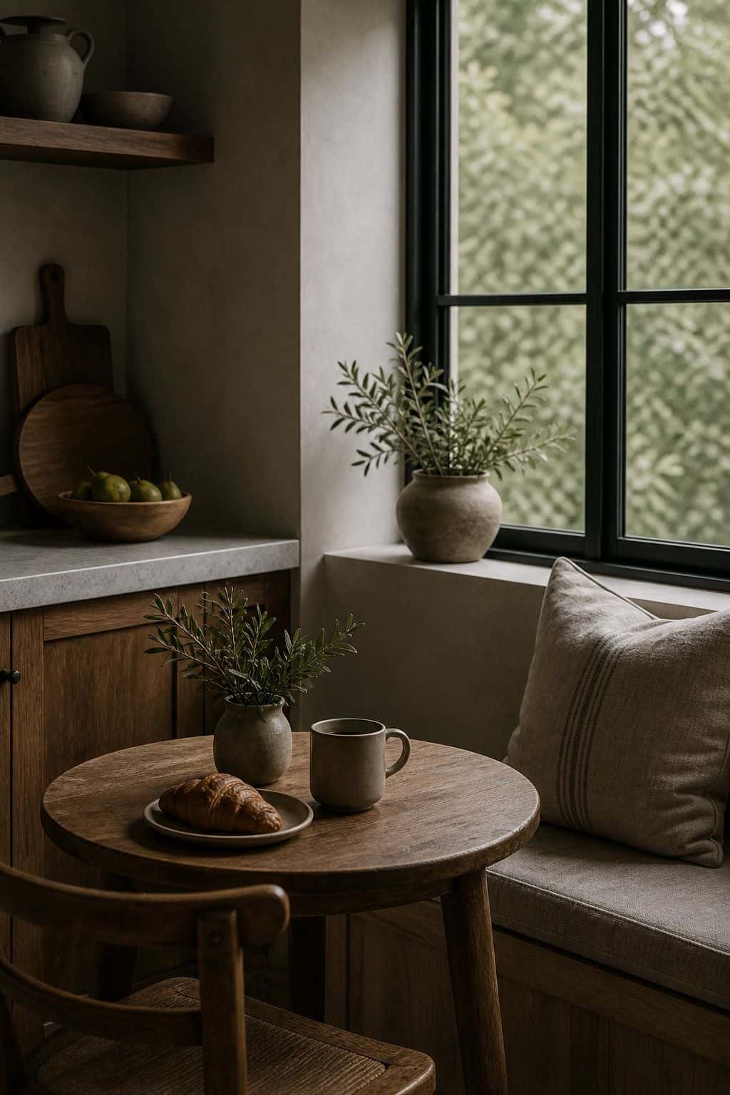Zen kitchen decor idea with calm breakfast nook in a calm natural kitchen.