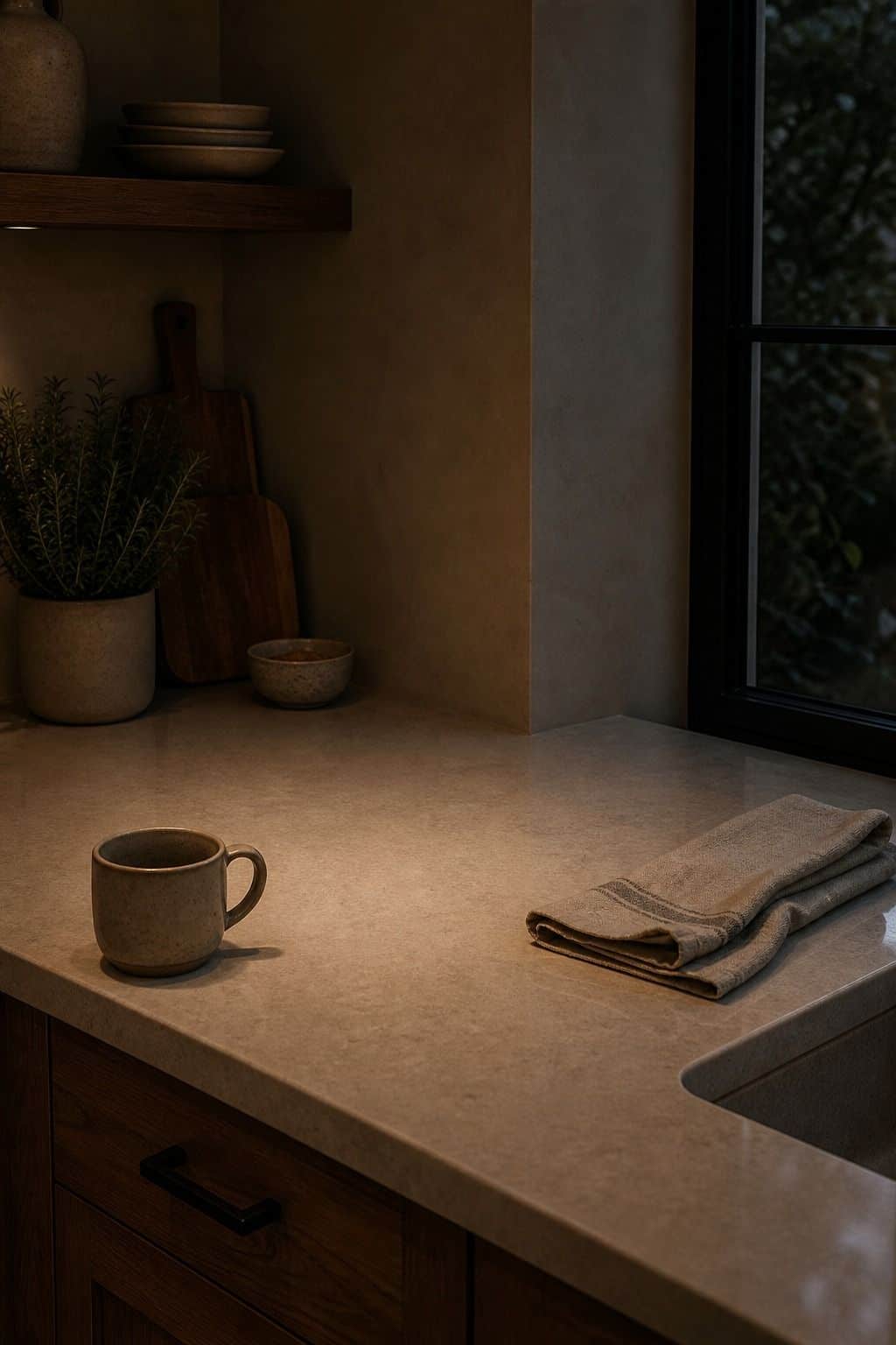 Zen kitchen decor idea with evening counter reset in a calm natural kitchen.