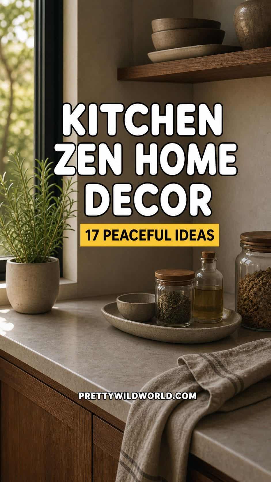 Pinterest pin for kitchen Zen home decor ideas with a calm natural kitchen.