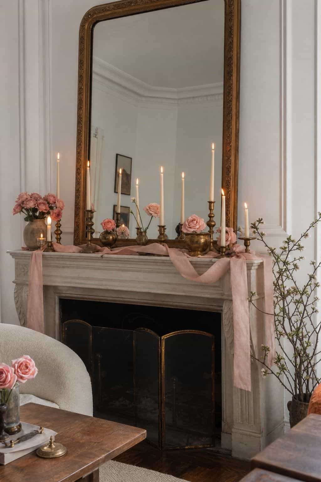Candlelit Mantel Valentine’s Day decorating idea in a romantic home