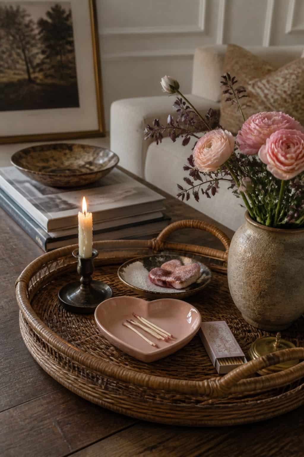 Heart Dish on a Tray Valentine’s Day decorating idea in a romantic home