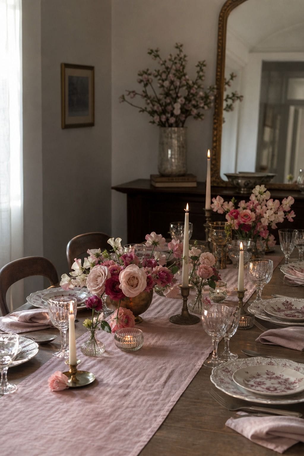 Pink Linen Table Runner Valentine’s Day decorating idea in a romantic home
