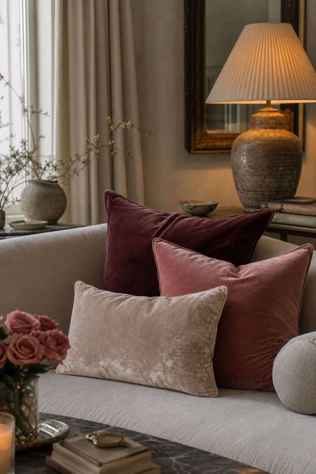 Velvet Pillow Swap Valentine’s Day decorating idea in a romantic home