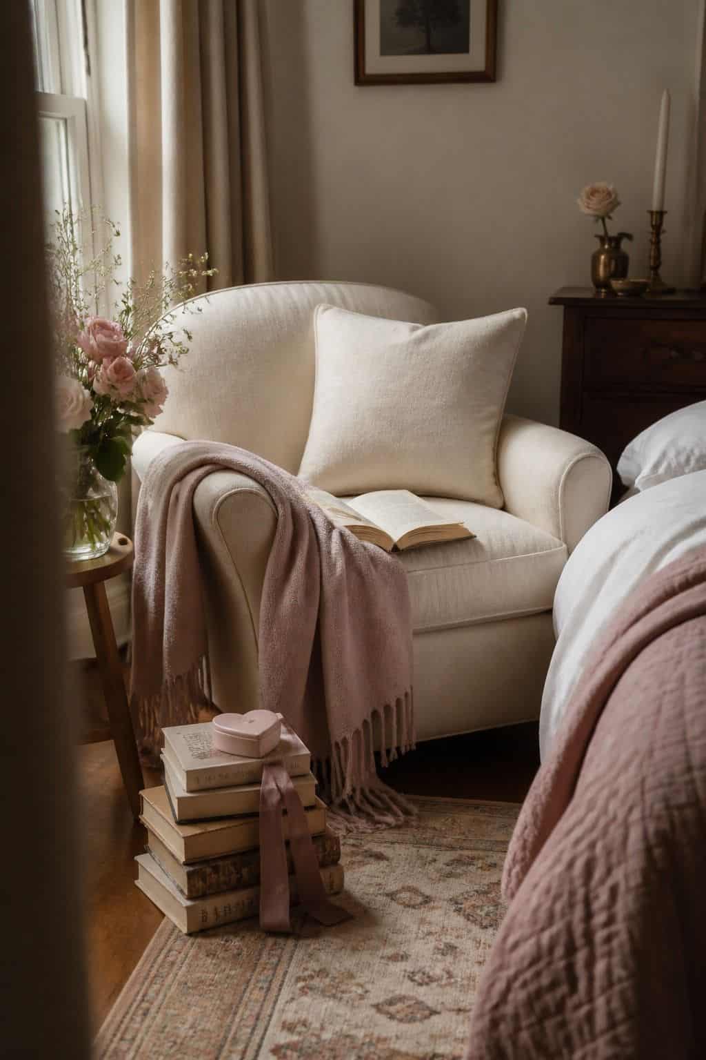 Bedroom Reading Corner Valentine’s Day decorating idea in a romantic home