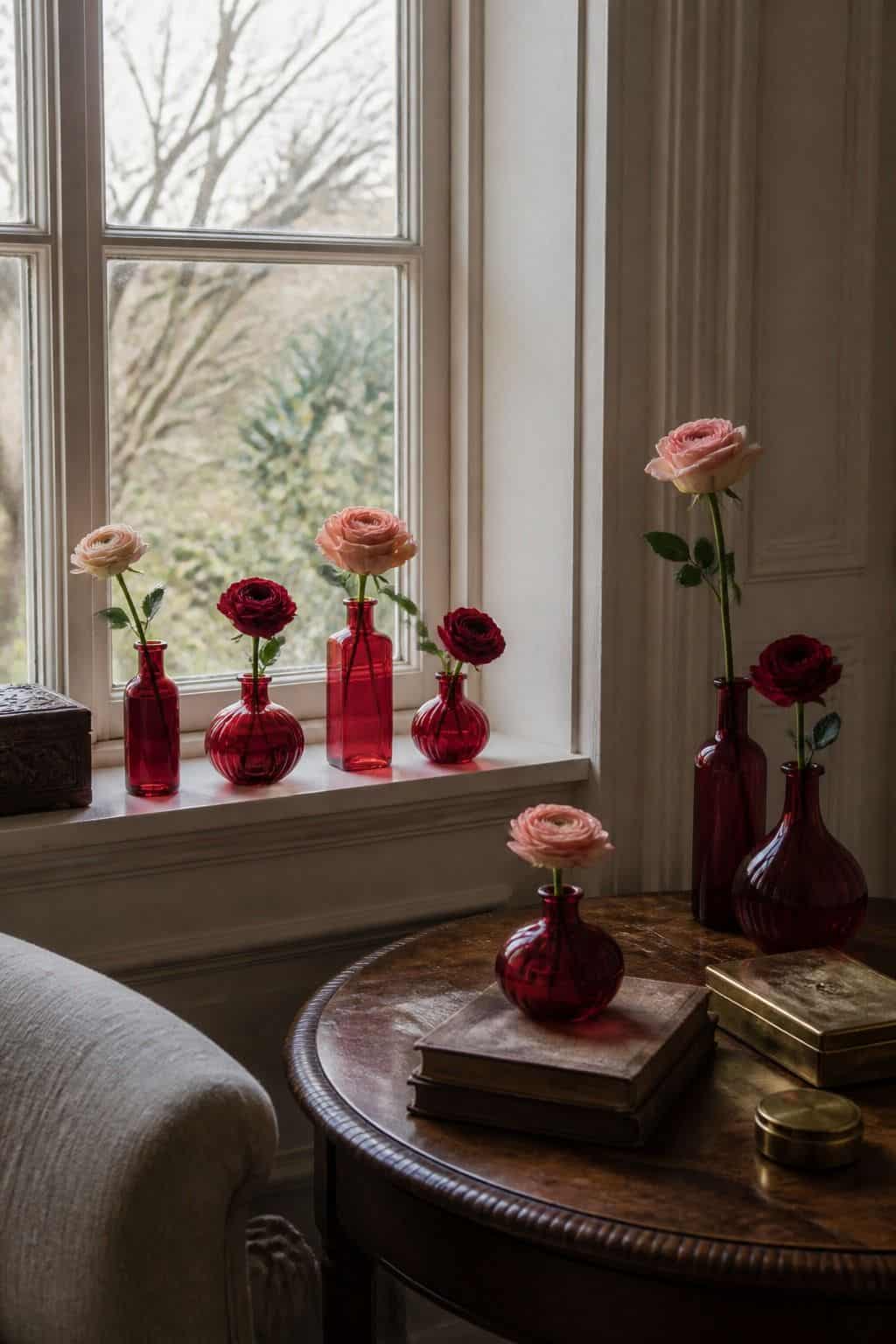 Red Glass Bud Vases Valentine’s Day decorating idea in a romantic home