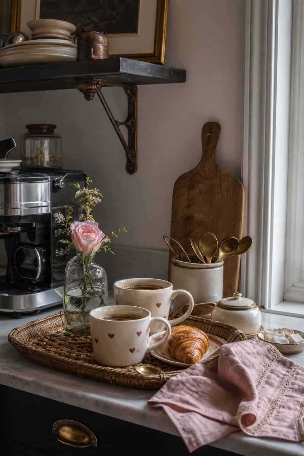 Kitchen Coffee Moment Valentine’s Day decorating idea in a romantic home