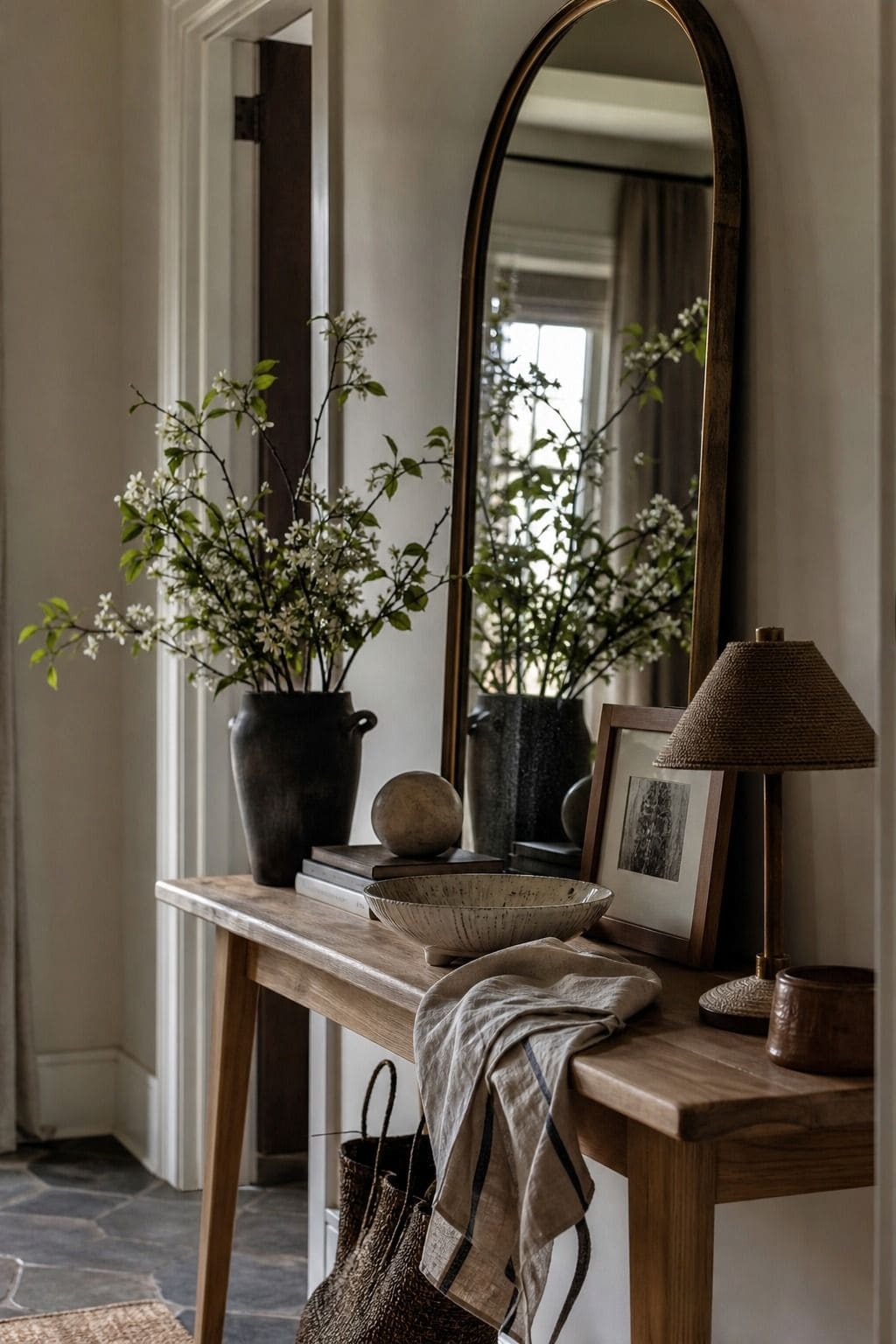 Spring entry table with arched mirror bouncing natural light
