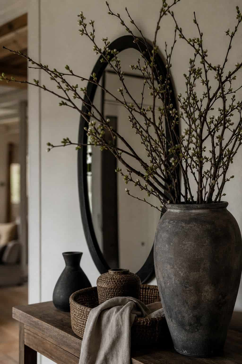 Spring entry table styled with a branch-filled vase