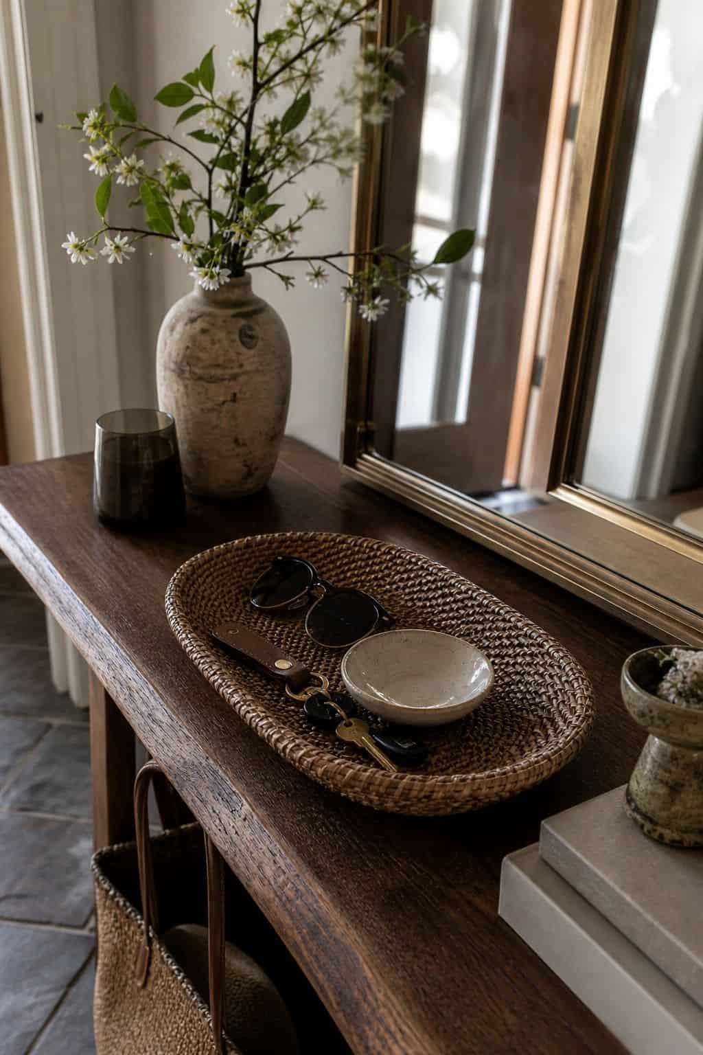 Rattan catchall tray on a spring entry table