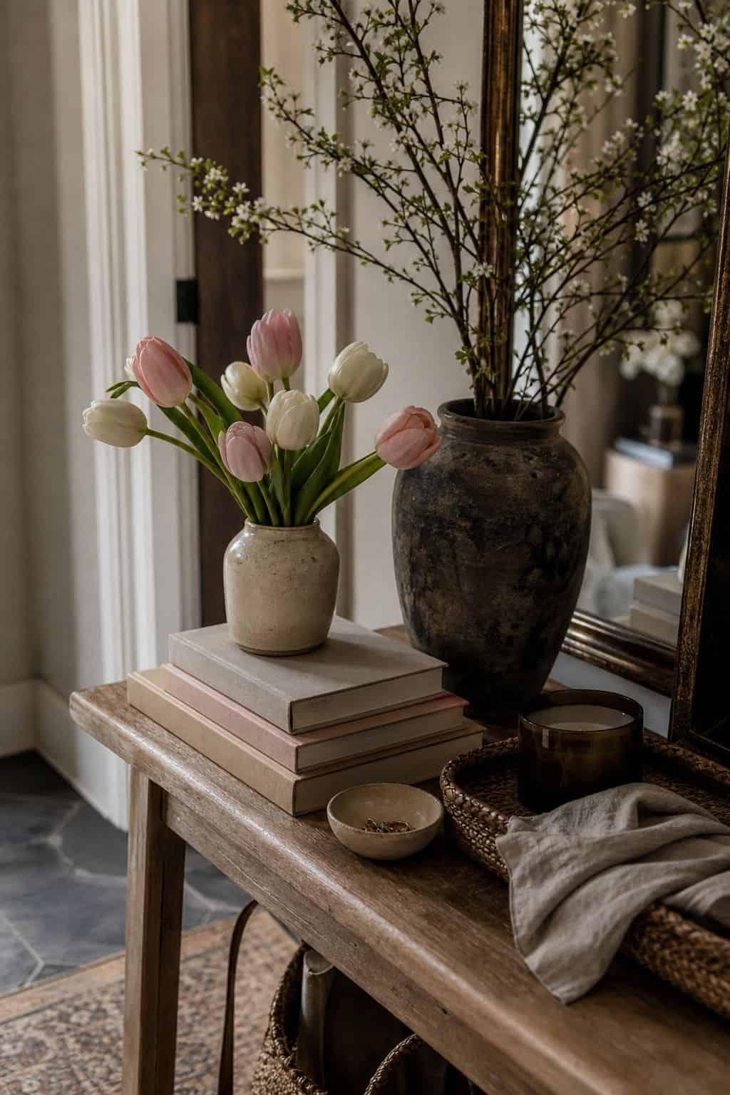 Pastel book stack styled on a spring entry table