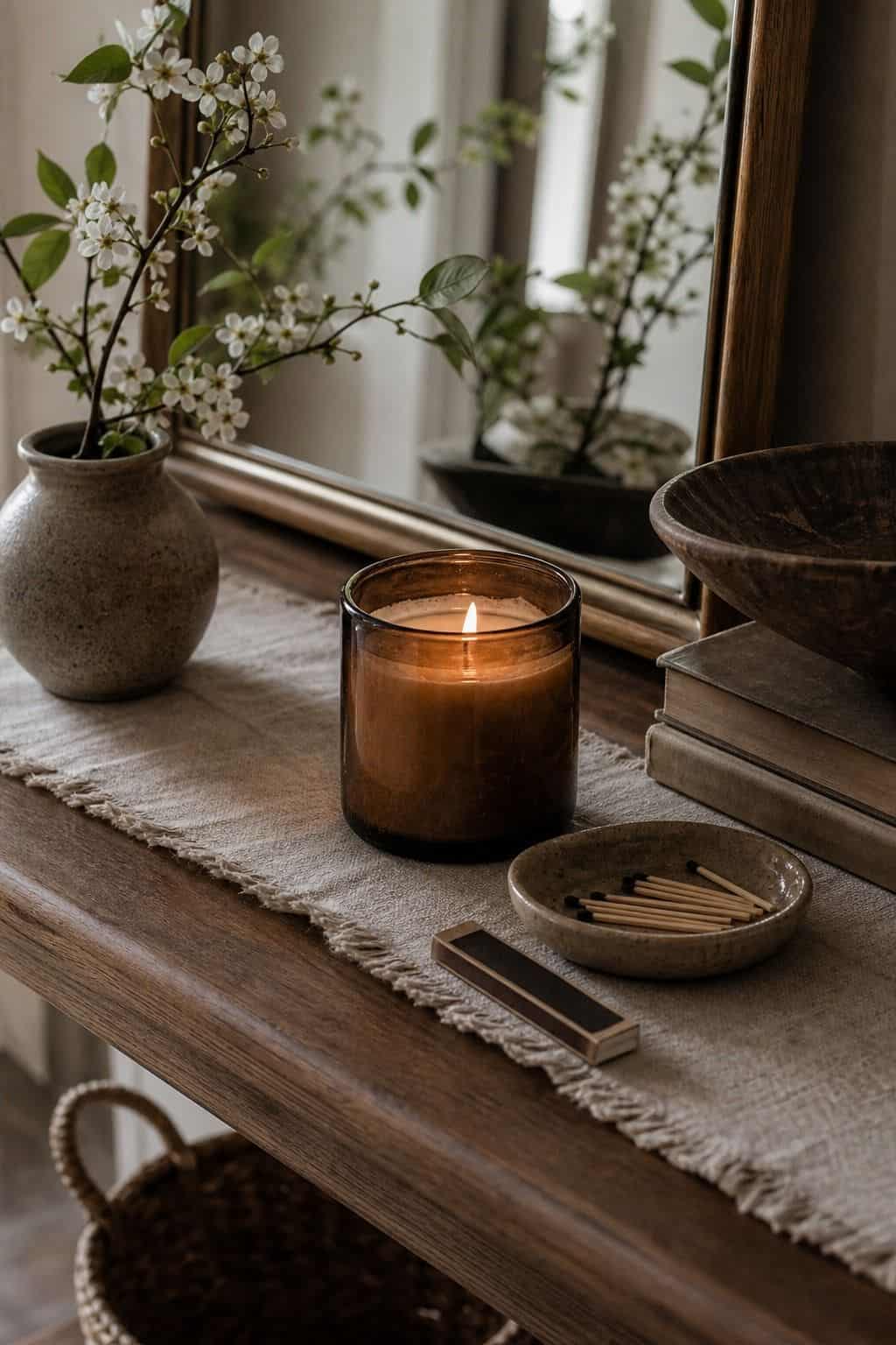 Scented candle and matches on a spring entry table