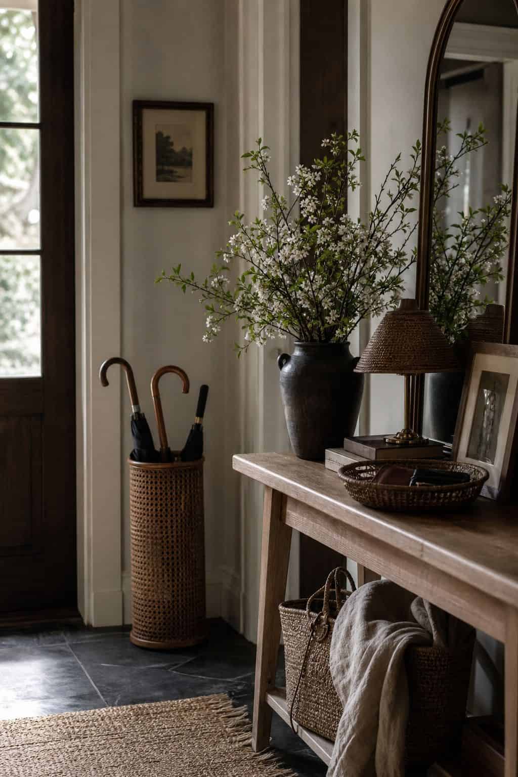 Umbrella basket beside a spring entry table