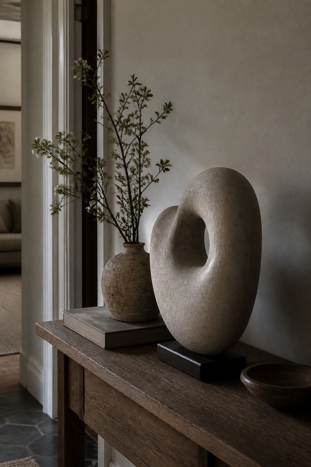 Sculptural object styled on a spring entry table
