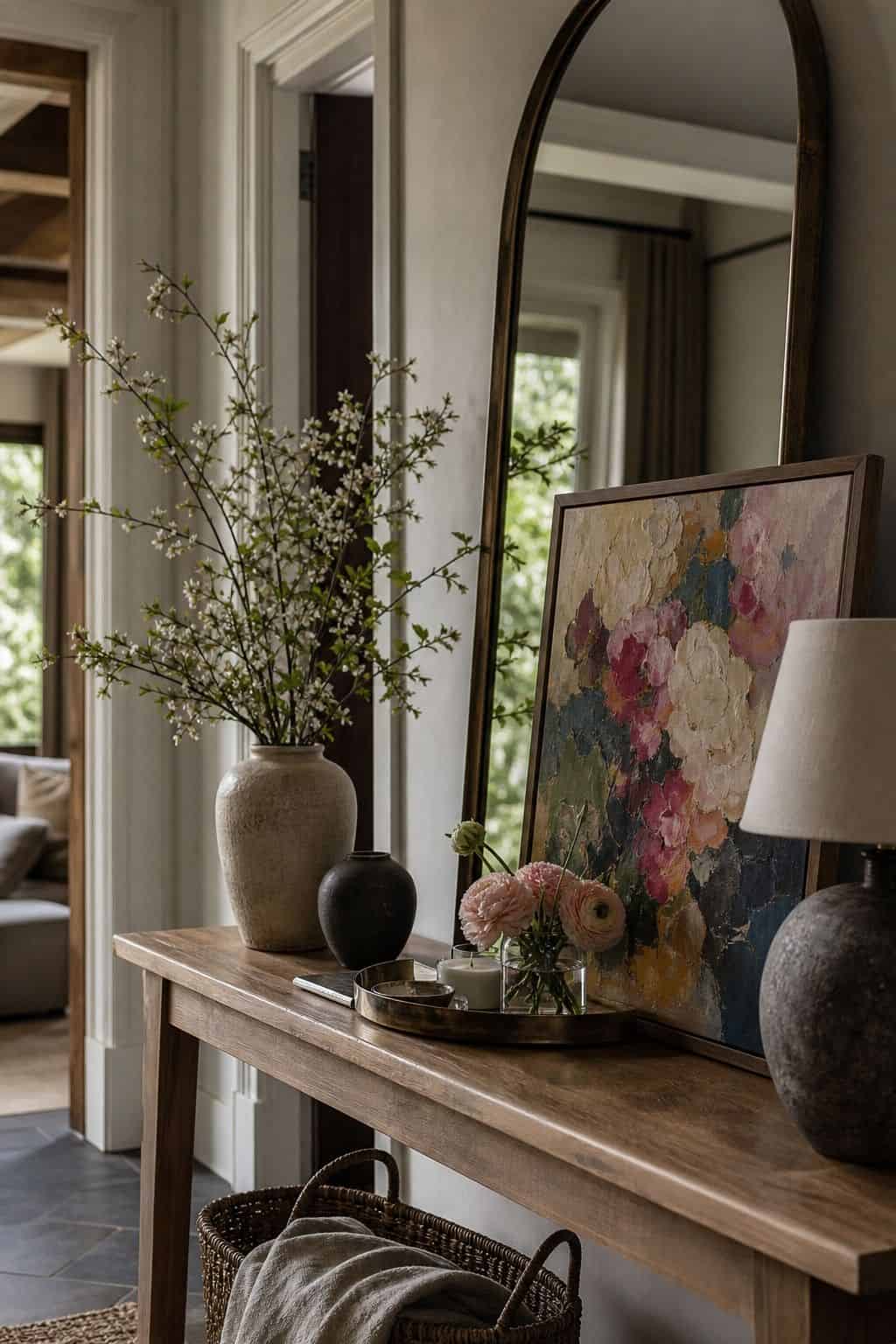 Colorful art bringing spring color to an entry table