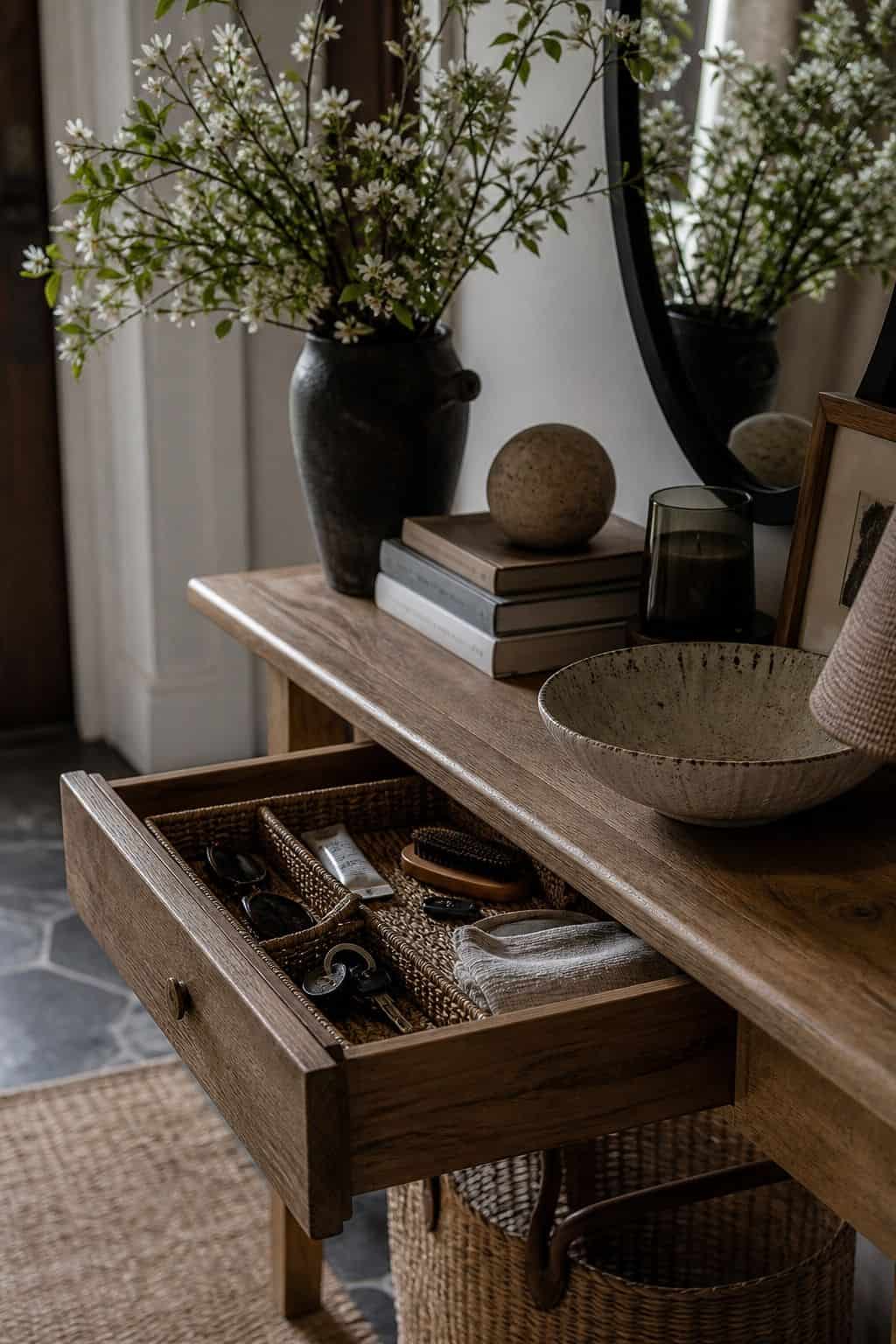 Clean basket storage under a spring entry table