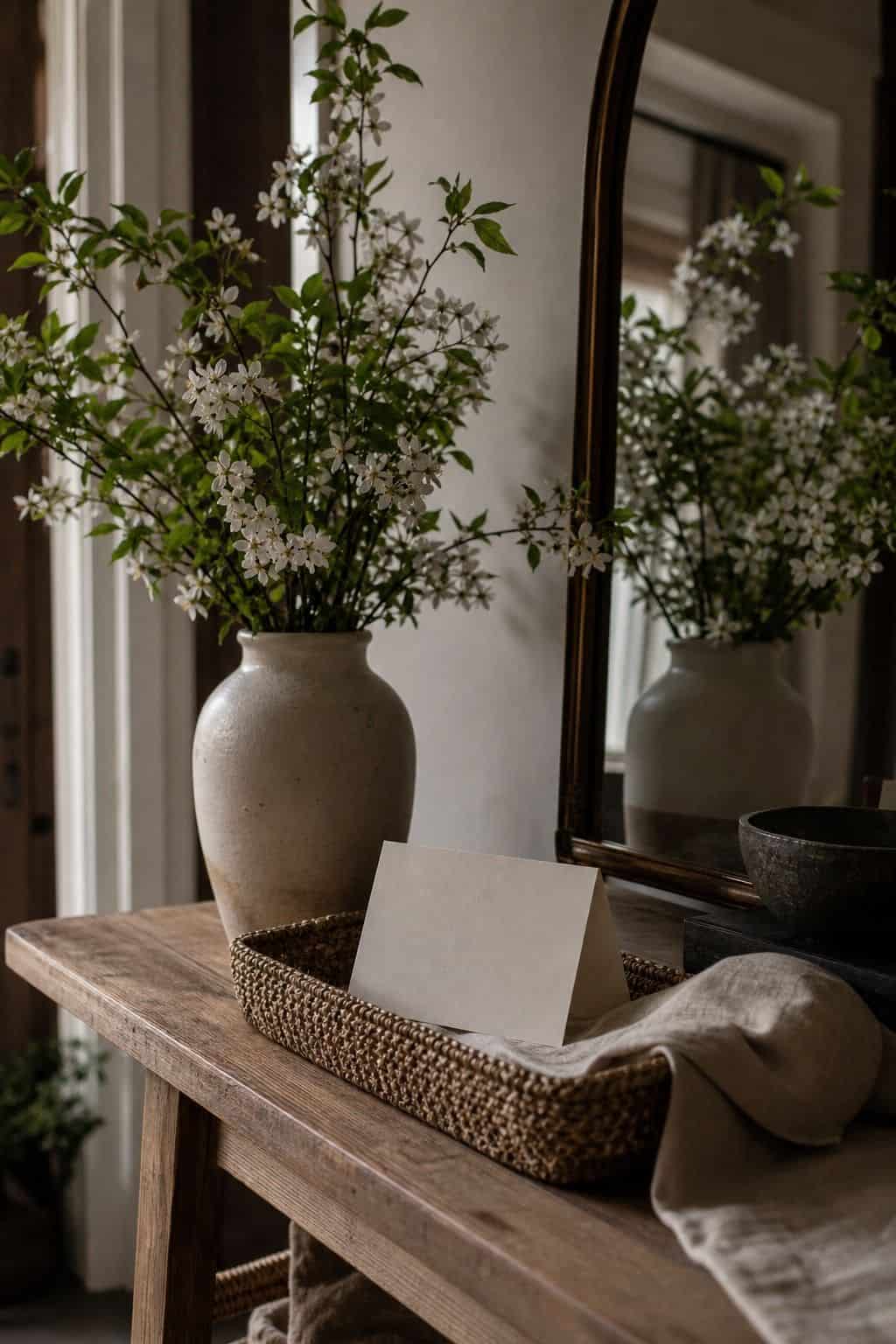 Welcome note styled with flowers on a spring entry table