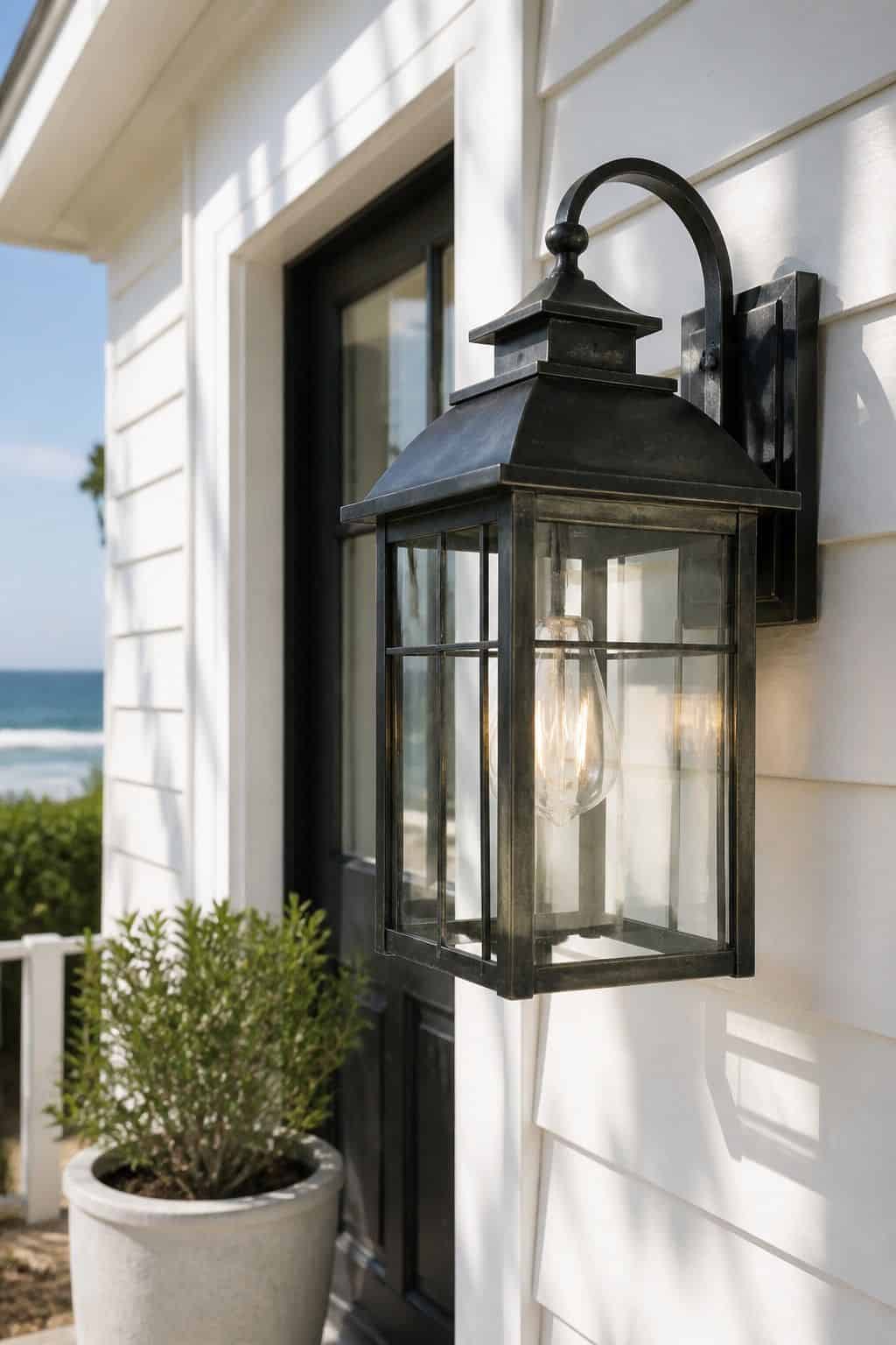 Coastal Outdoor Lantern shown as a realistic Pretty Wild World image for 16 Coastal Home Exterior Ideas for Breezy Curb Appeal.