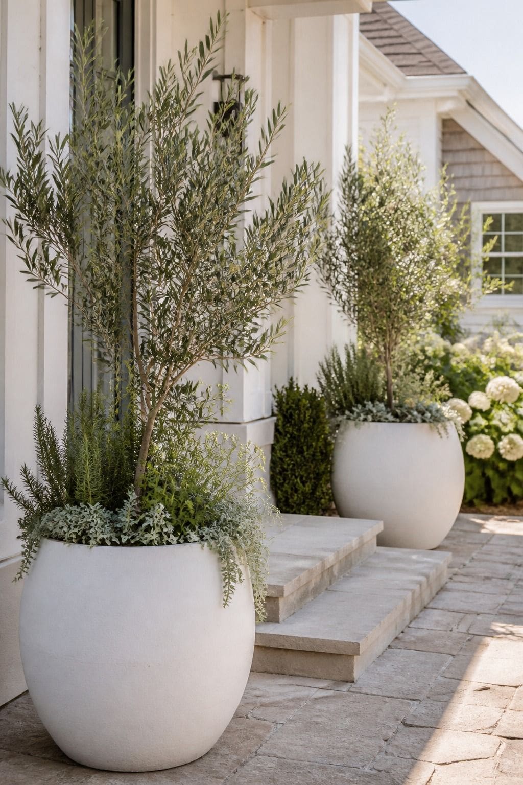 Large White Planters shown as a realistic Pretty Wild World image for 16 Coastal Home Exterior Ideas for Breezy Curb Appeal.