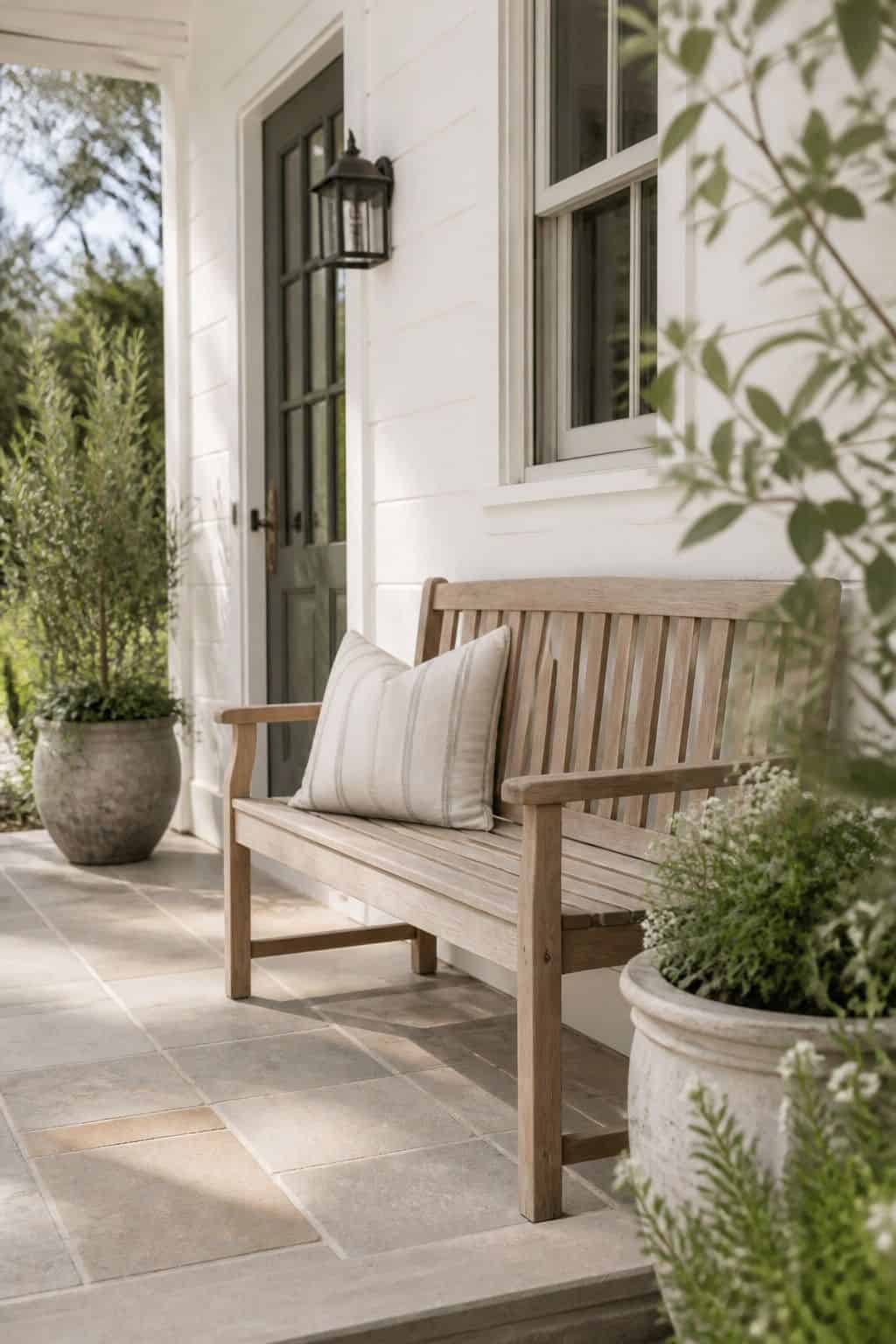Teak Bench by the Entry shown as a realistic Pretty Wild World image for 16 Coastal Home Exterior Ideas for Breezy Curb Appeal.