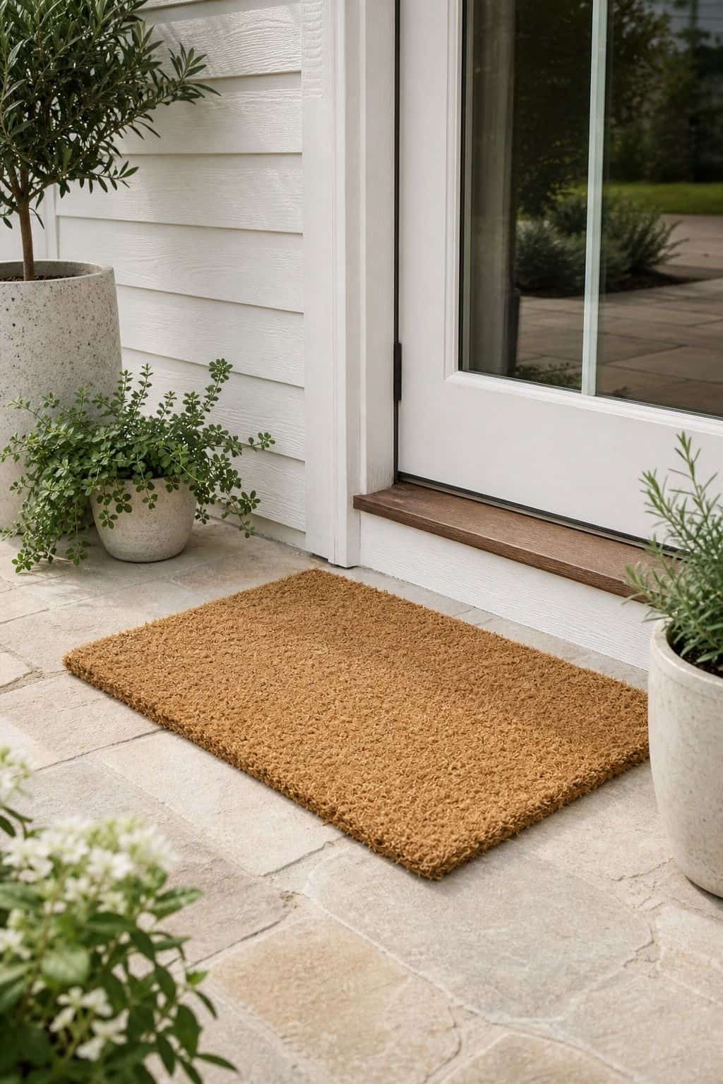 Natural Coir Doormat shown as a realistic Pretty Wild World image for 16 Coastal Home Exterior Ideas for Breezy Curb Appeal.