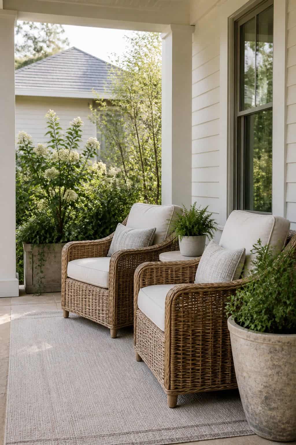 Weatherproof Rattan Chairs shown as a realistic Pretty Wild World image for 16 Coastal Home Exterior Ideas for Breezy Curb Appeal.