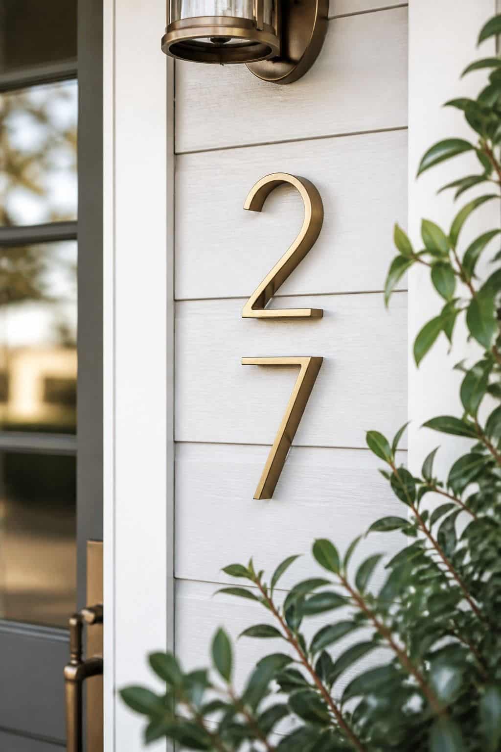 Brass House Numbers shown as a realistic Pretty Wild World image for 16 Coastal Home Exterior Ideas for Breezy Curb Appeal.