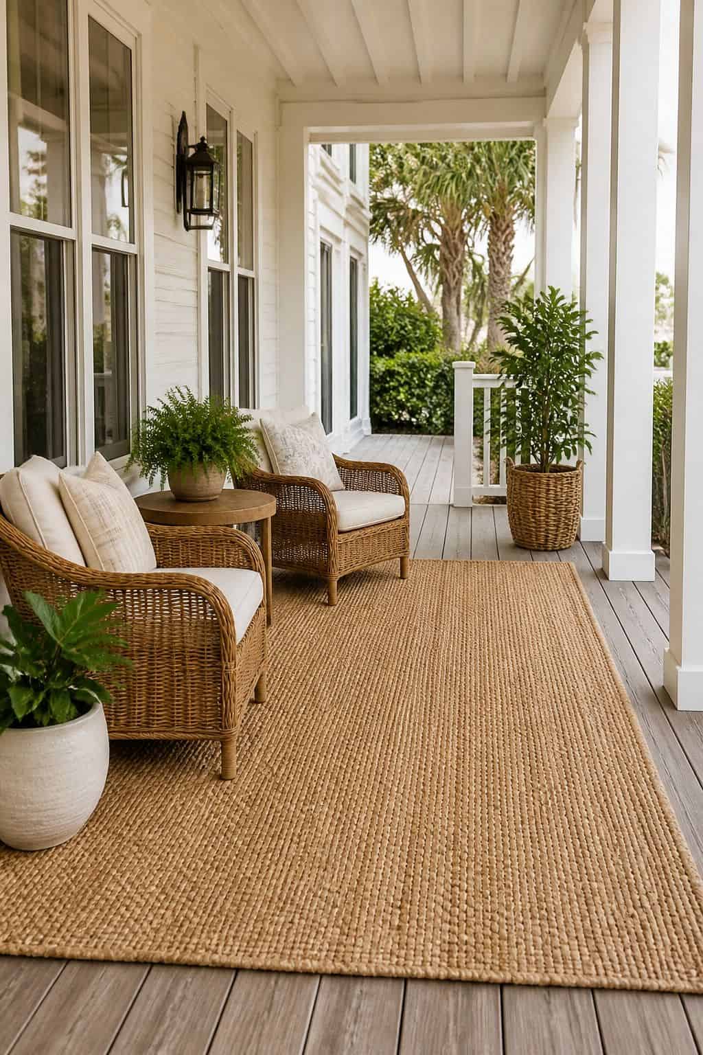 Outdoor Seagrass-Style Rug shown as a realistic Pretty Wild World image for 16 Coastal Home Exterior Ideas for Breezy Curb Appeal.