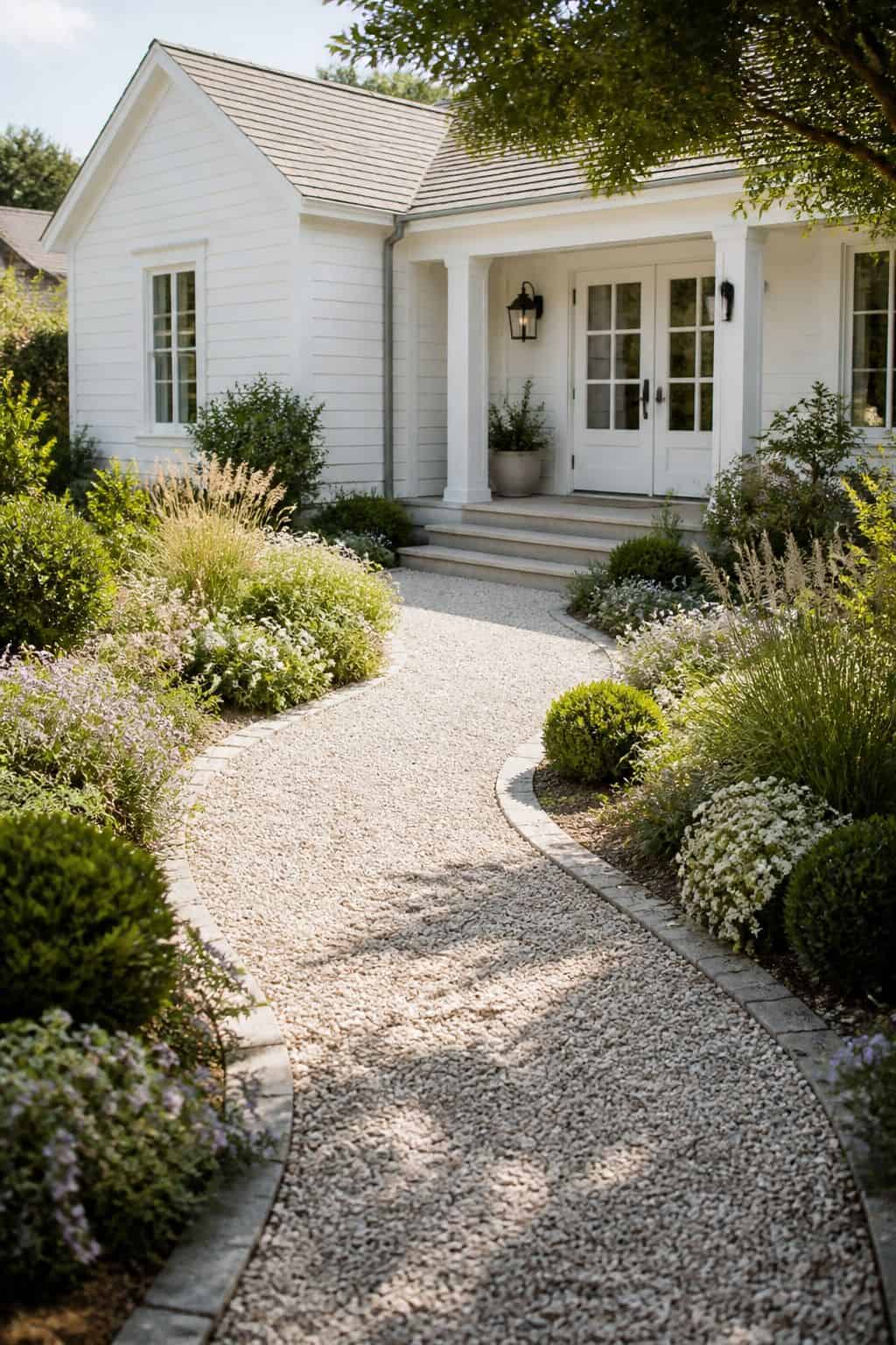 Pale Gravel Path shown as a realistic Pretty Wild World image for 16 Coastal Home Exterior Ideas for Breezy Curb Appeal.