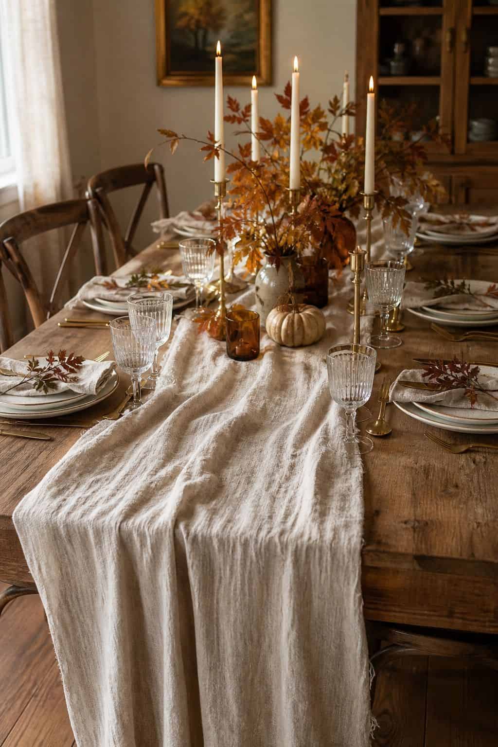 Linen Runner Down the Table shown as a realistic Pretty Wild World image for 20 Fall Thanksgiving Decor Ideas for a Welcoming Home.