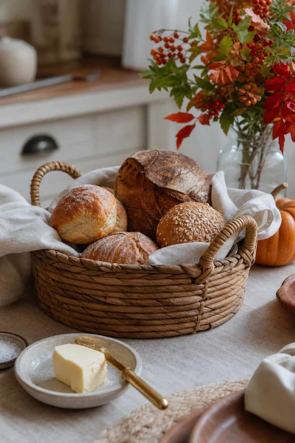 Woven Bread Basket shown as a realistic Pretty Wild World image for 20 Fall Thanksgiving Decor Ideas for a Welcoming Home.