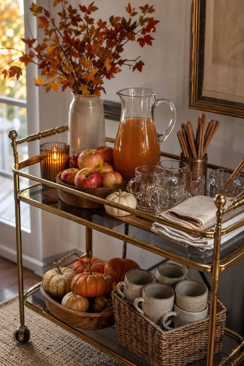 Bar Cart Cider Station shown as a realistic Pretty Wild World image for 20 Fall Thanksgiving Decor Ideas for a Welcoming Home.