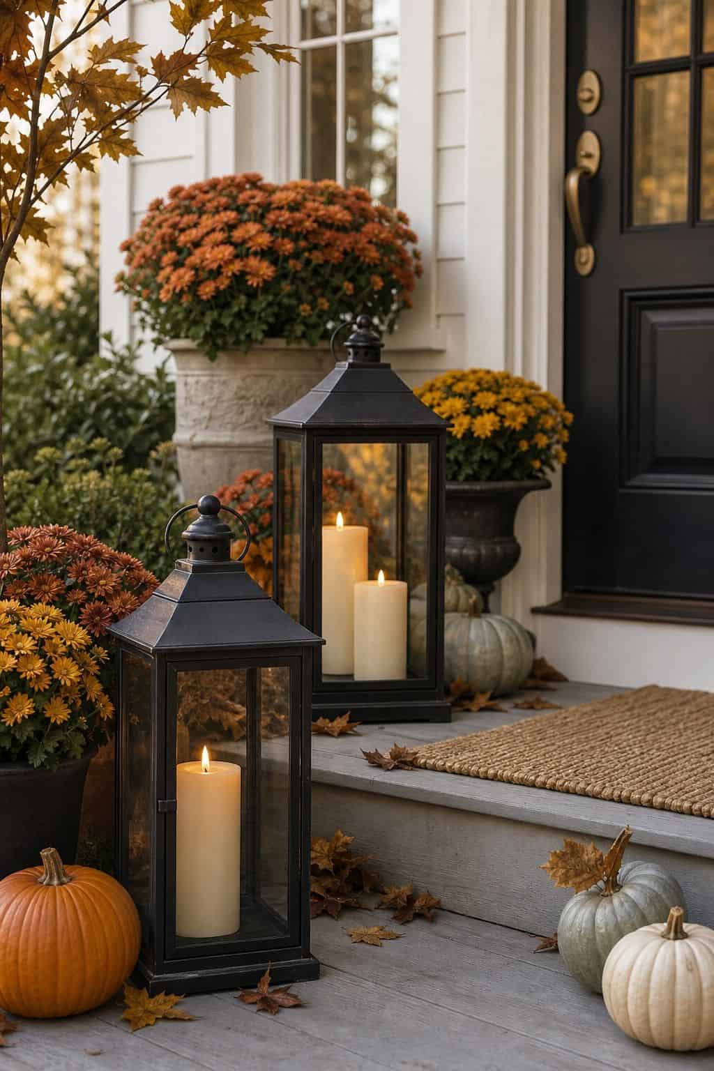 Thanksgiving Porch Lanterns shown as a realistic Pretty Wild World image for 20 Fall Thanksgiving Decor Ideas for a Welcoming Home.