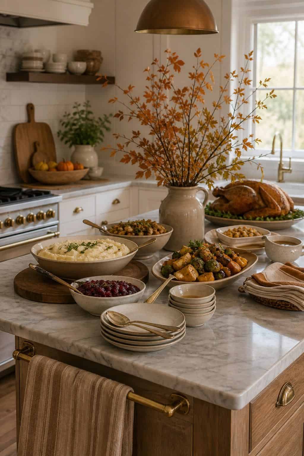 Kitchen Island Serving Zone shown as a realistic Pretty Wild World image for 20 Fall Thanksgiving Decor Ideas for a Welcoming Home.