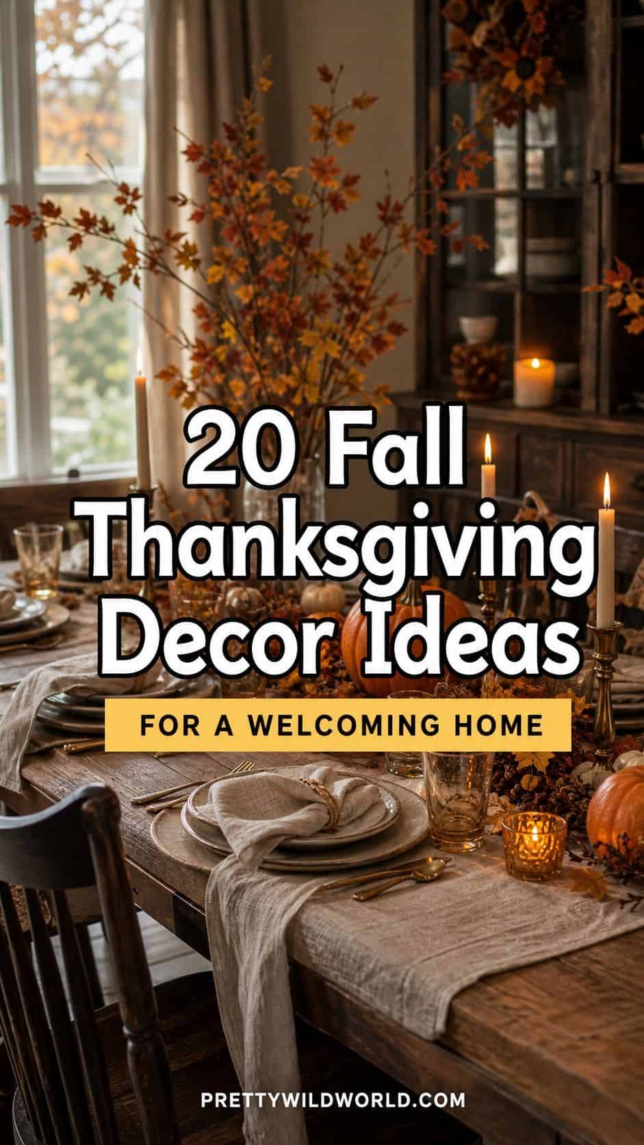 Pinterest pin for 20 Fall Thanksgiving Decor Ideas for a Welcoming Home from Pretty Wild World.