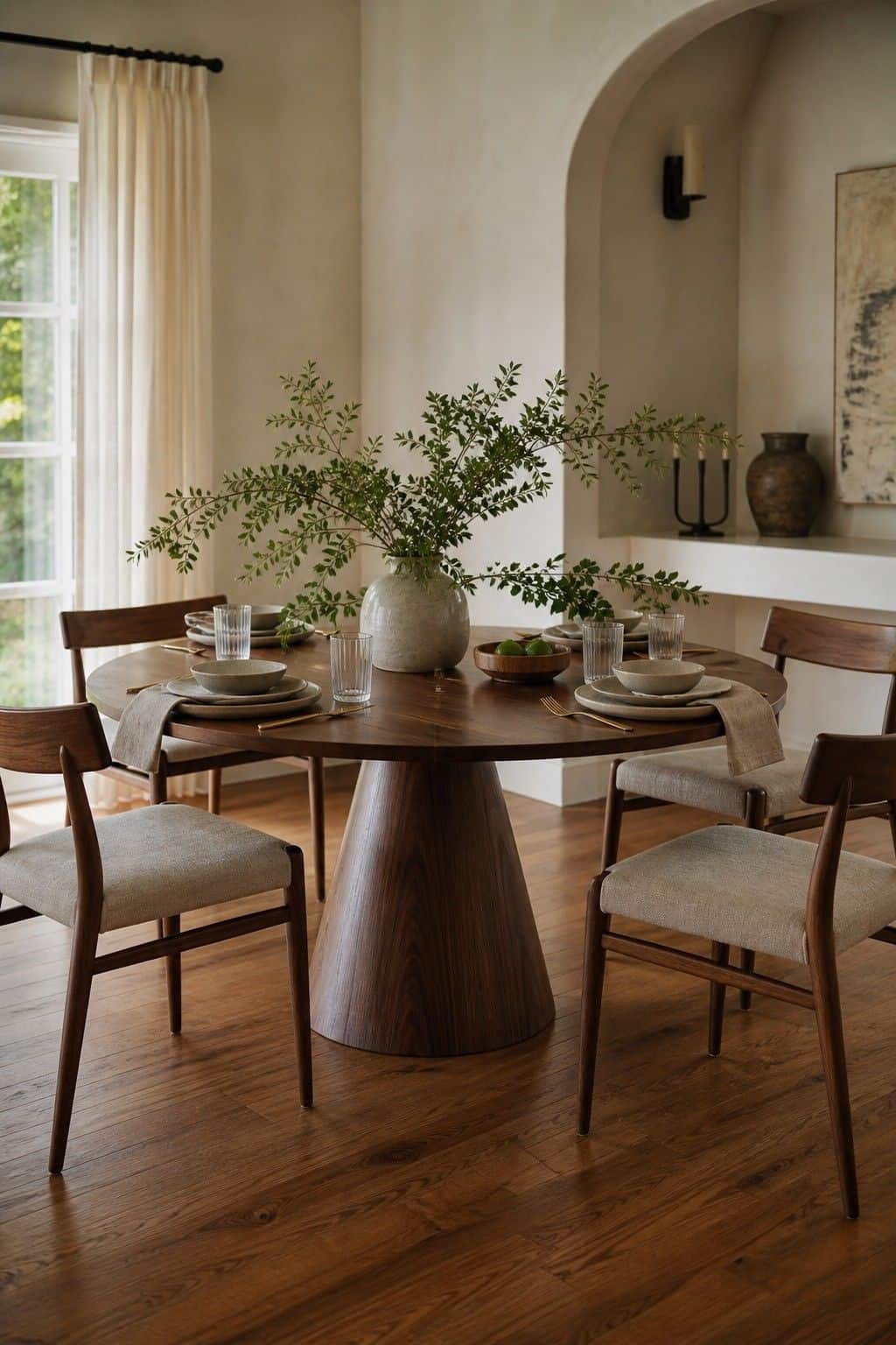 Round Walnut Table shown as a realistic Pretty Wild World image for 18 Mid-Century Modern Dining Room Ideas for Warm Stylish Hosting.